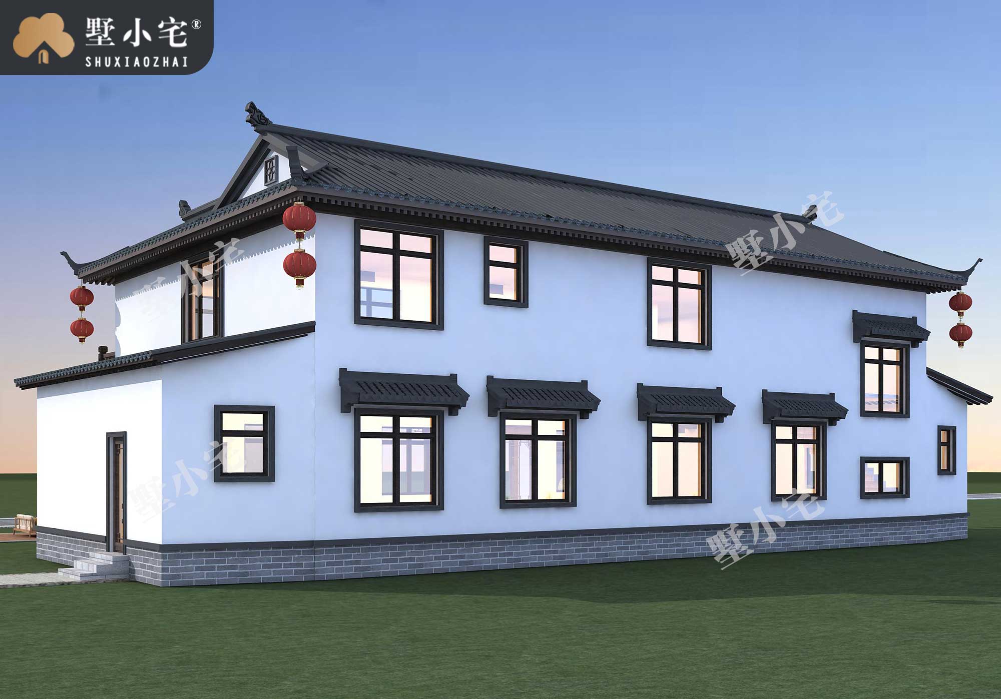 曾B946乡村典型自建房中式二层仿古四合院别墅设计图，白墙灰瓦，古色古香，23.9×13.74