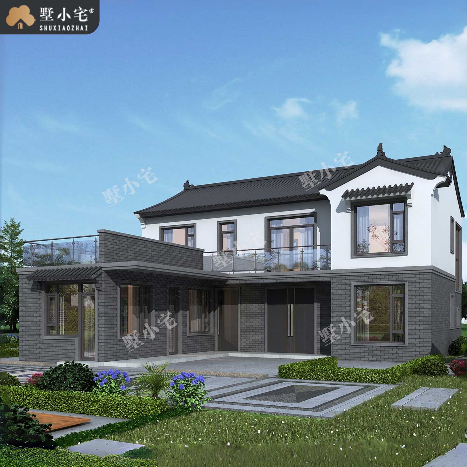 15x16米,B9047农村自建房七字户型带车库二层中式独栋别墅设计全套盖房图，回乡建房巧妙利用每一寸地