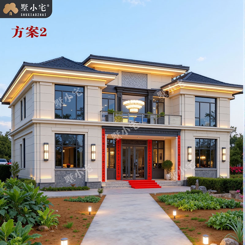 B1045新款农村新中式别墅外观图及全套施工图纸，两个方案可选，15×12