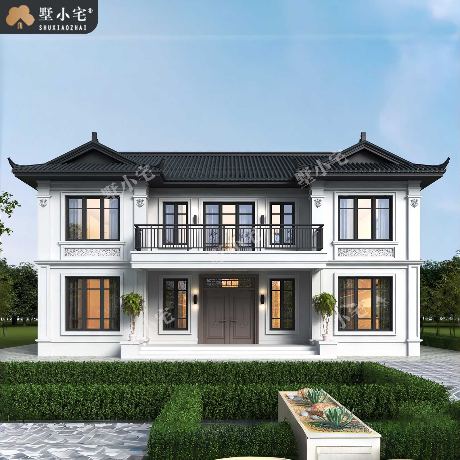 16.24x10.24米,B9048农村自建房五开间二层中式独栋别墅效果图设计全套盖房图纸，回乡建房传世之作
