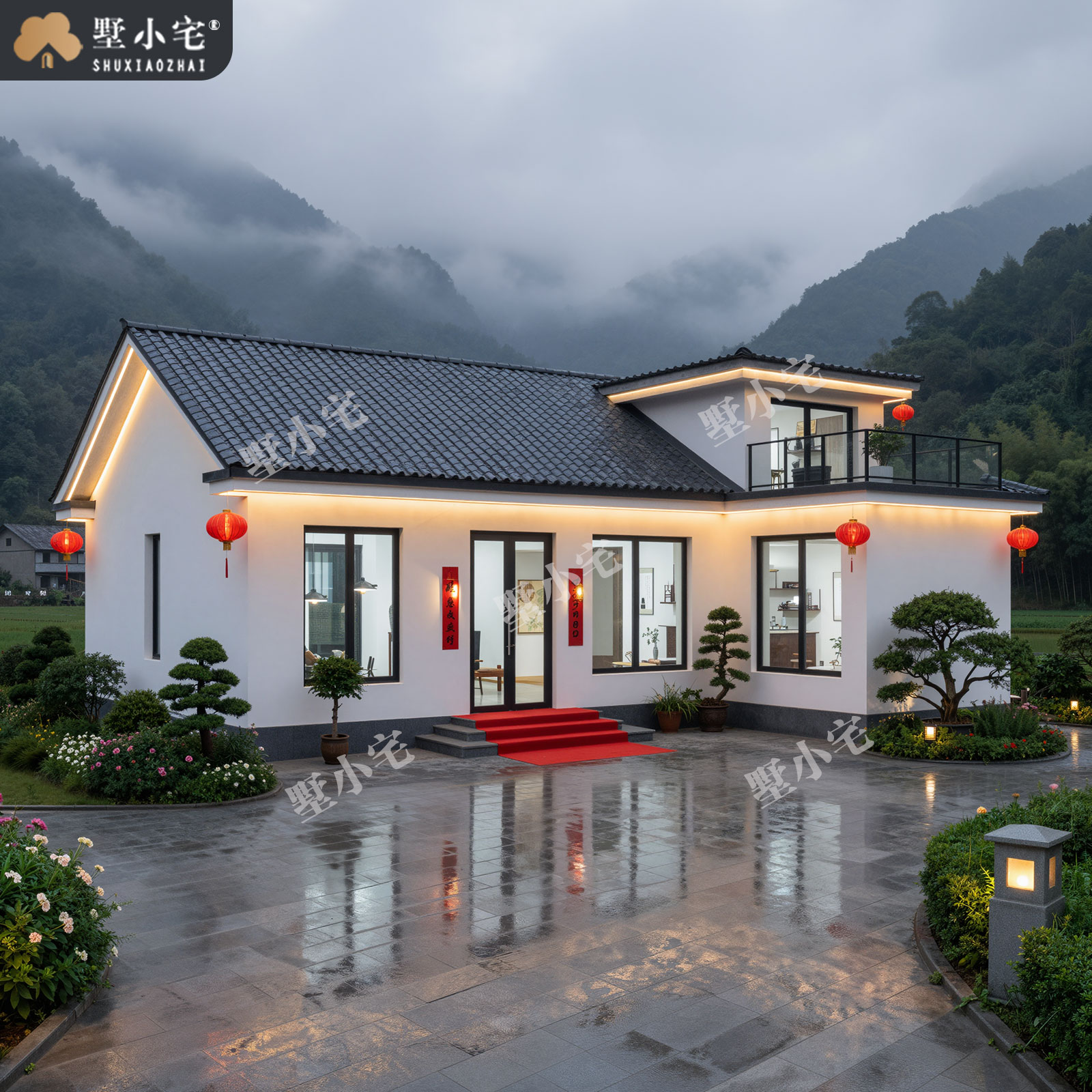 13.5x11.5米,A9228农村自建房带复式客厅一层新中式别墅外观设计全套盖房图纸，回乡建房的品质之选。