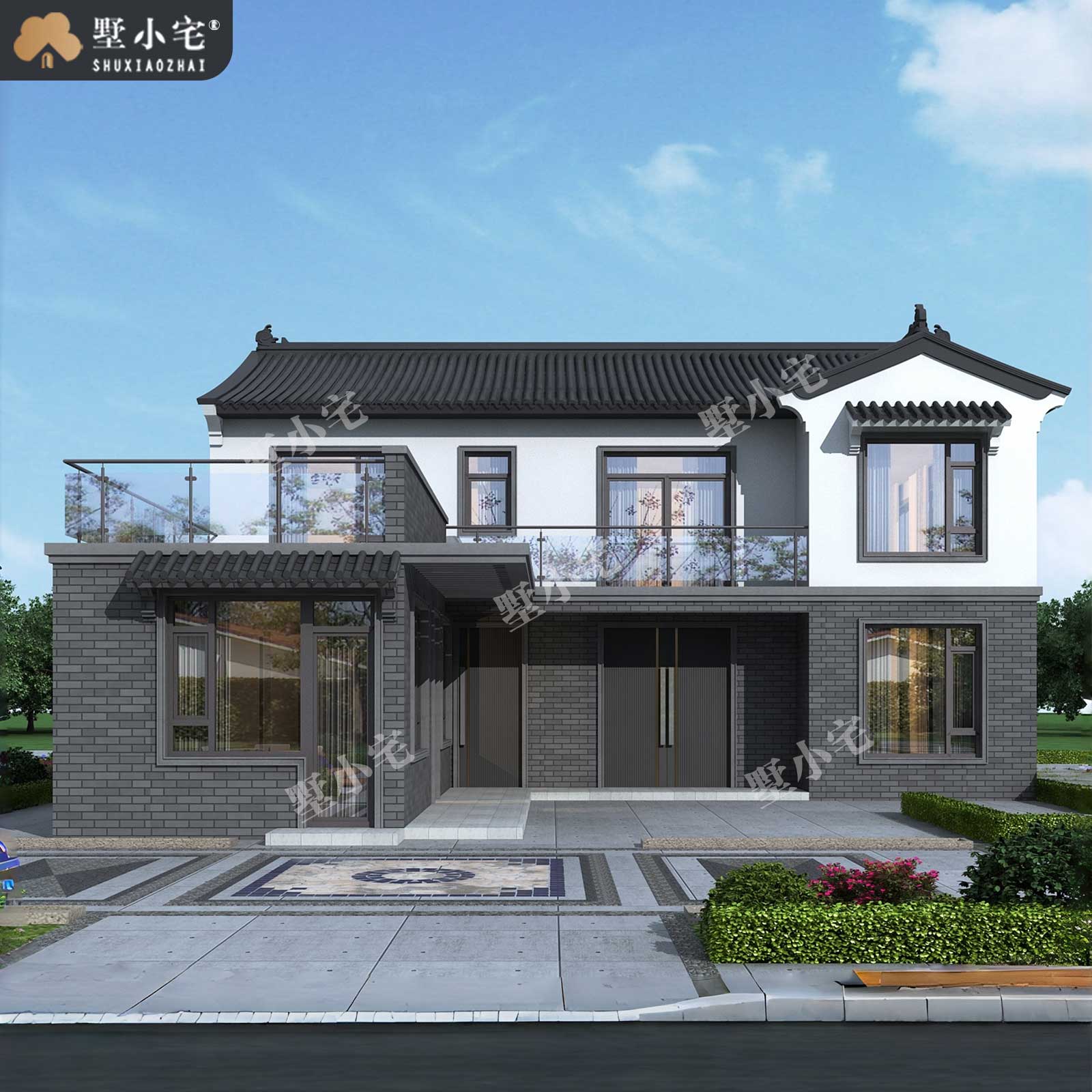 15x16米,B9047农村自建房七字户型带车库二层中式独栋别墅设计全套盖房图，回乡建房巧妙利用每一寸地