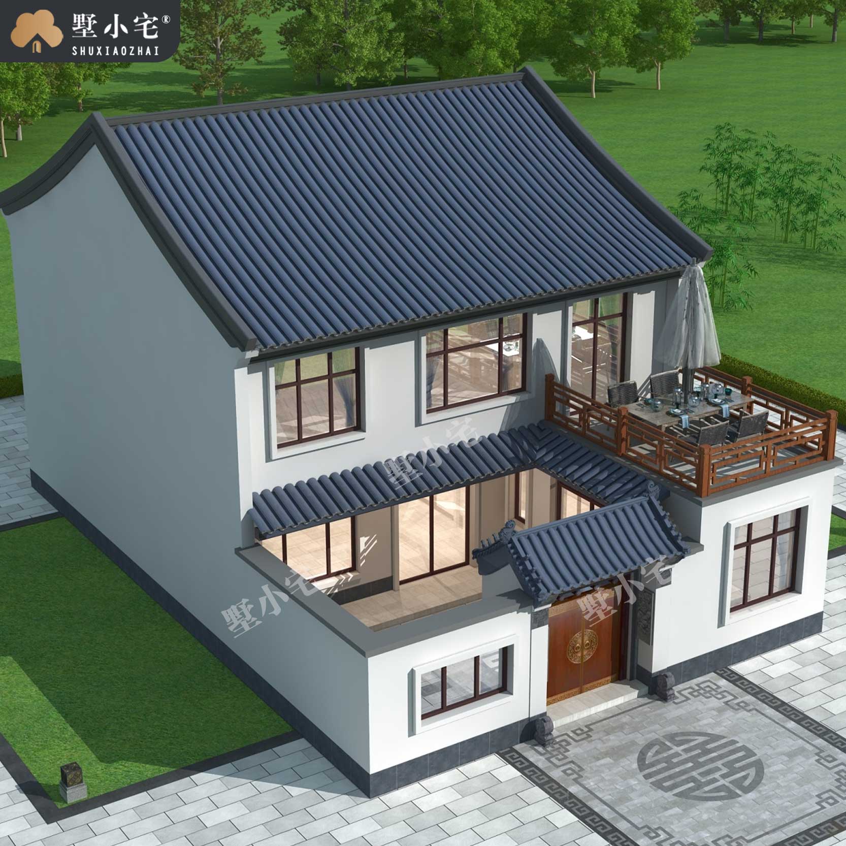 曾B1029农村二层仿古中式带小院自建房屋设计图纸，白墙灰瓦，古朴典雅，9.76×14.76