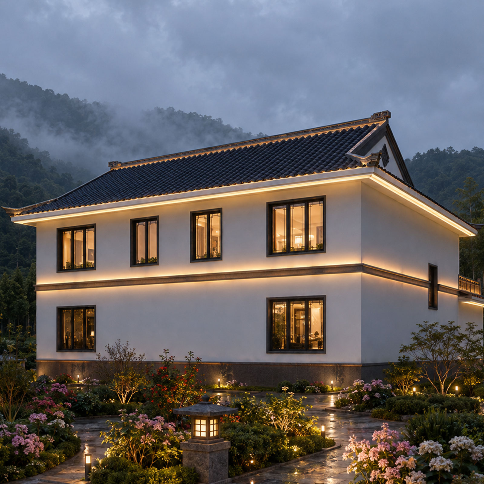 15.76x19.76米,B9178农村自建房狭长地块二层中式合院别墅设计全套盖房施工图纸，回乡建房化劣势为优势