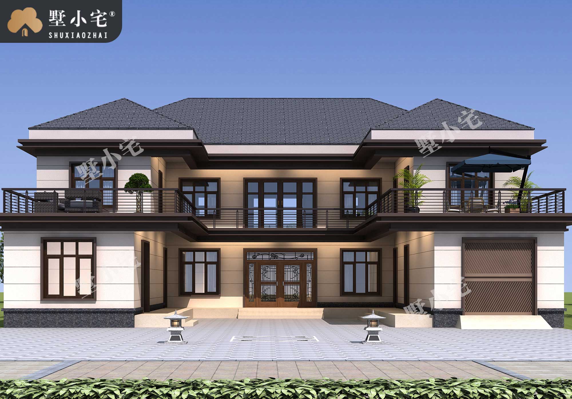 B837农村新款二层新中式自建房设计，受欢迎的带车库户型