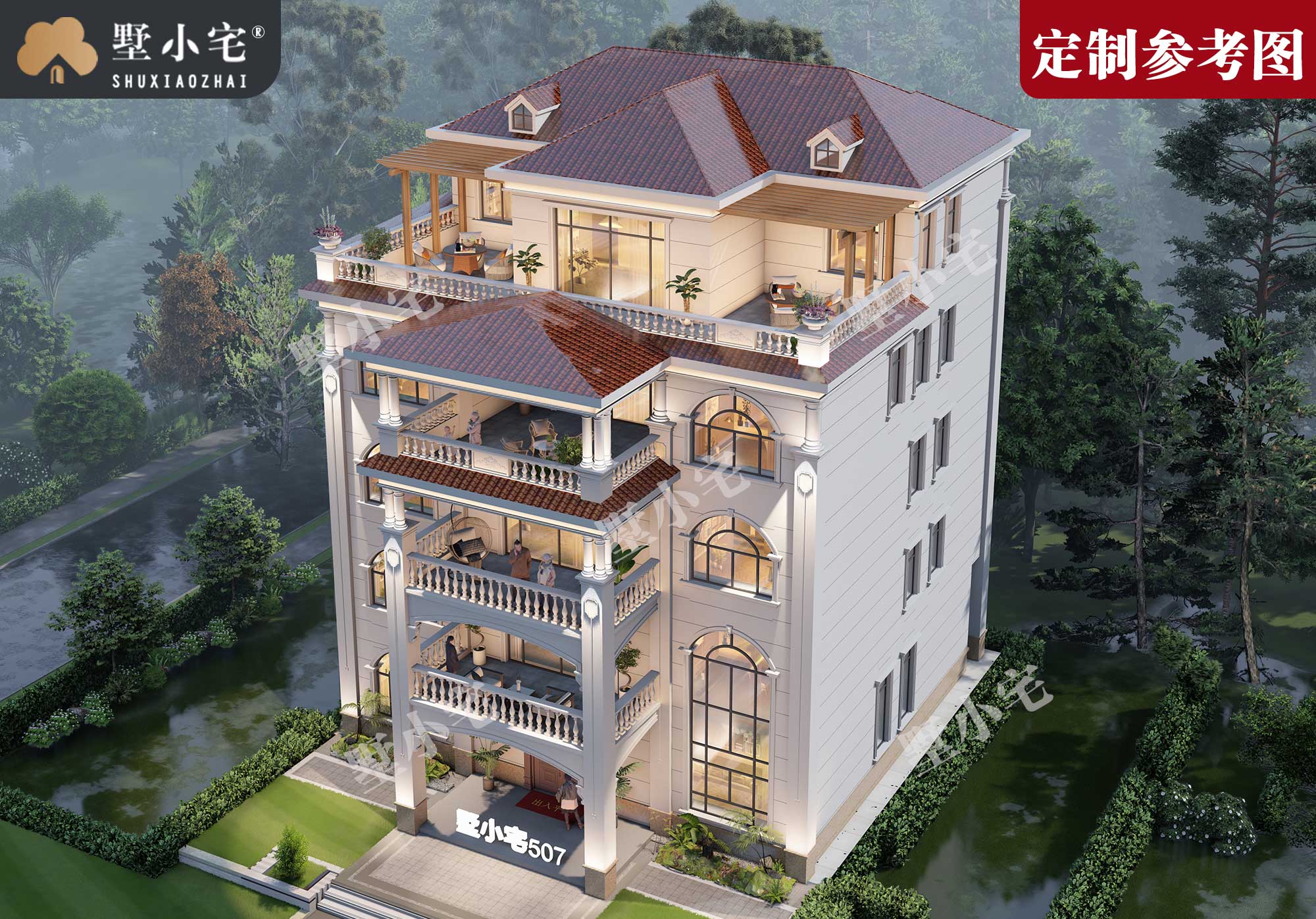 Y507【定制参考图】乡村五层豪华欧式别墅自建房设计图，外观图大气上档次，预售图18元/平	