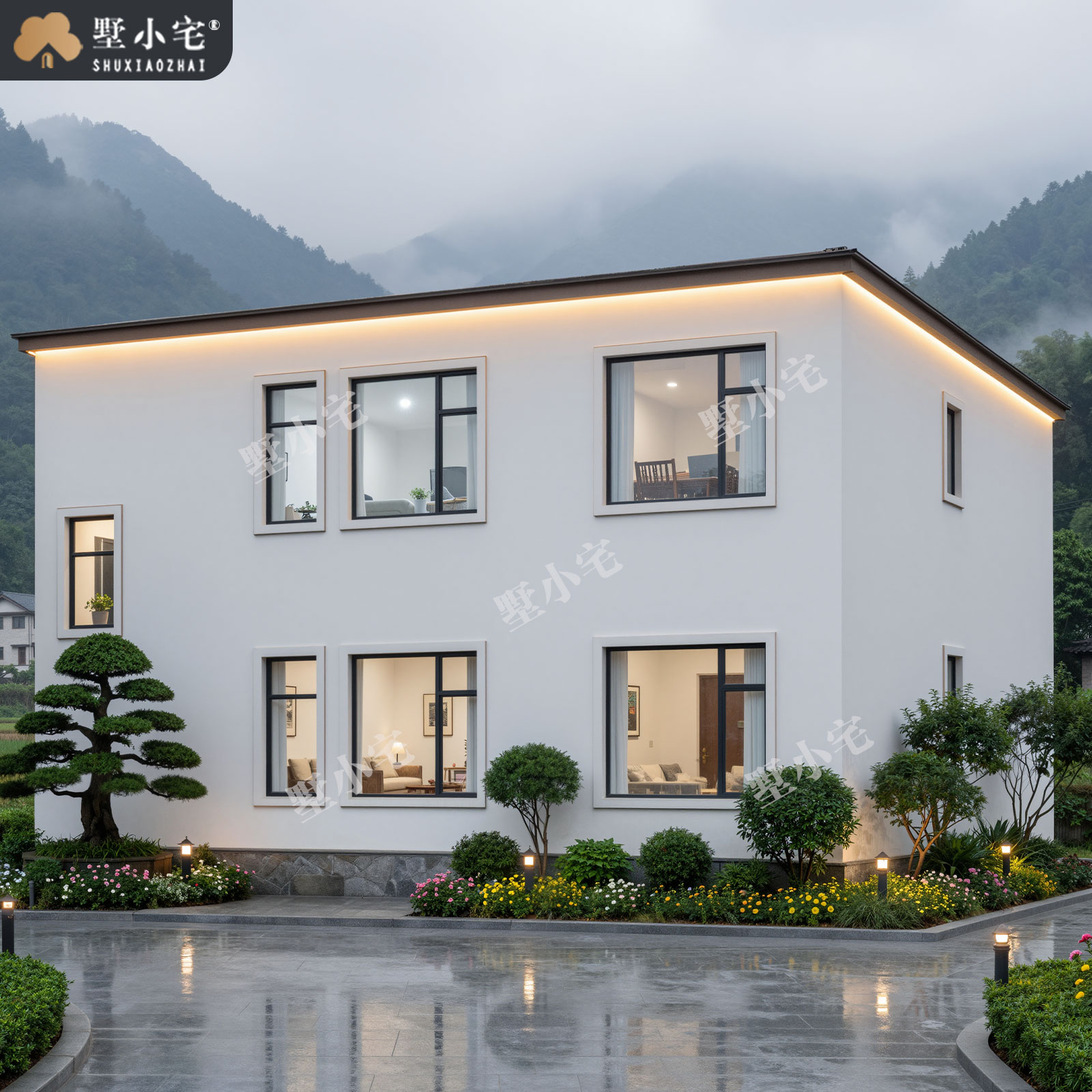 10.86x10.26米,B9232农村自建房双开间二层现代别墅外观设计全套盖房施工图纸，回乡建房性价比之选。