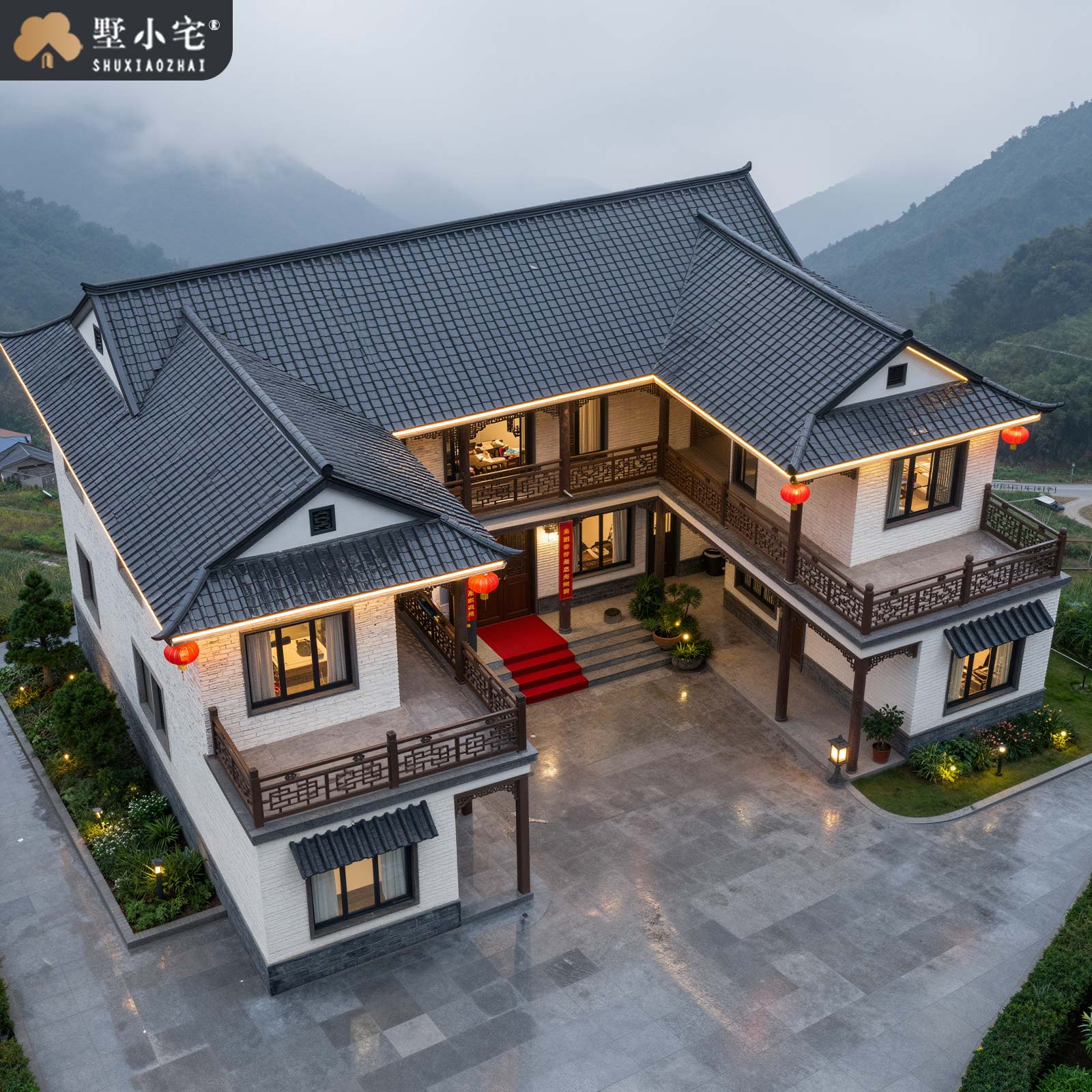 19.6x16.7米,B9172农村自建房带露台二层中式三合院别墅外观设计全套盖房图纸，回乡建房传世雅宅