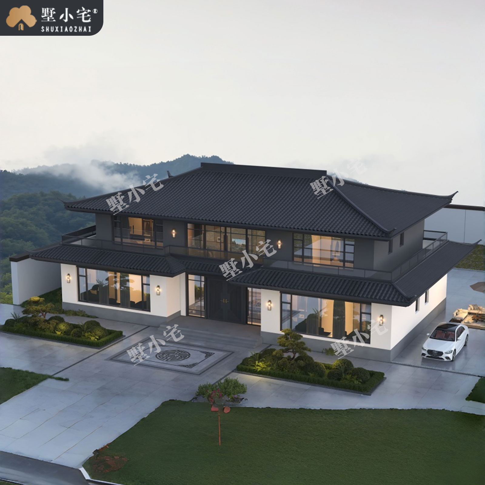 24x13.68米,B9243农村自建房三开间二层宋式别墅效果图设计盖房施工图纸，回乡建房的品味之选。