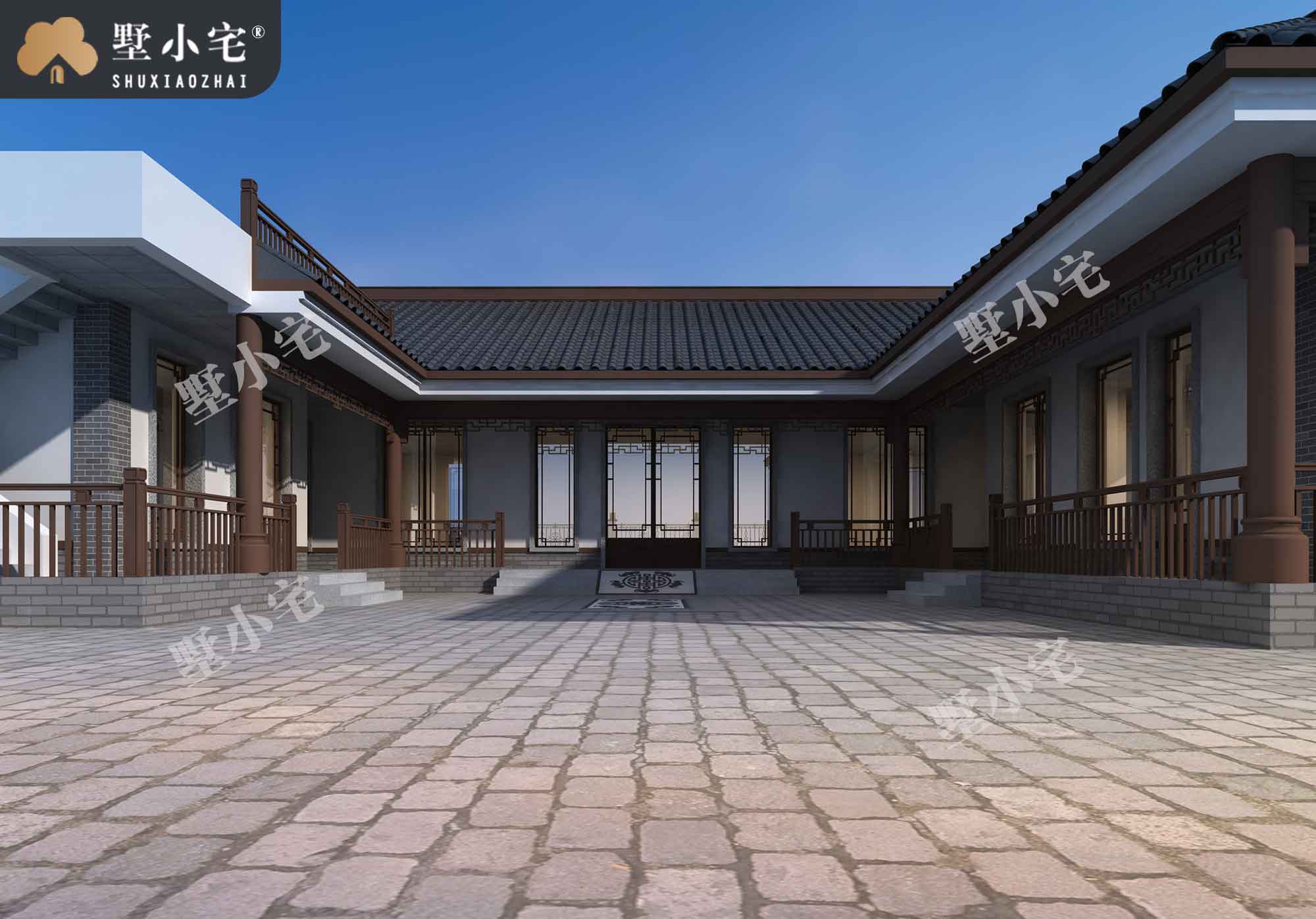 曾A963农村一层中式四合院别墅设计方案图，带车库带庭院，29.2×29.941