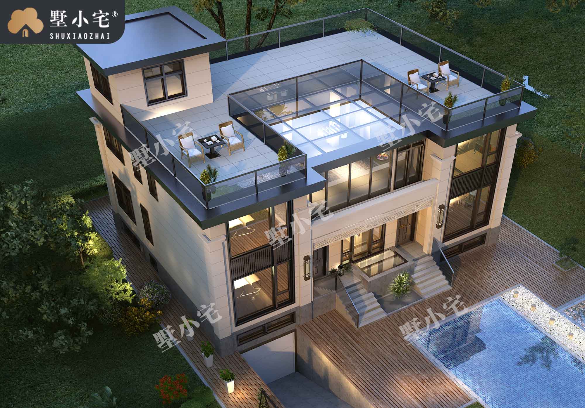 曾B1052农村带地下室两层新中式自建房屋设计图，带电梯设计，17.24×14.37