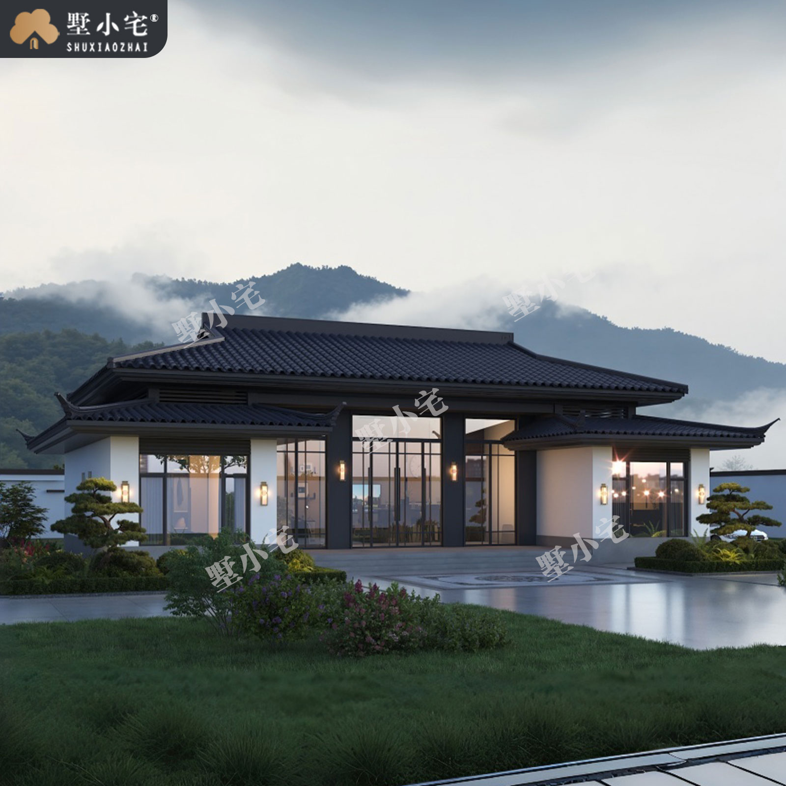 19x12米,A9238农村自建房三开间一层宋式别墅效果图设计盖房施工图纸，回乡养老的理想之选。