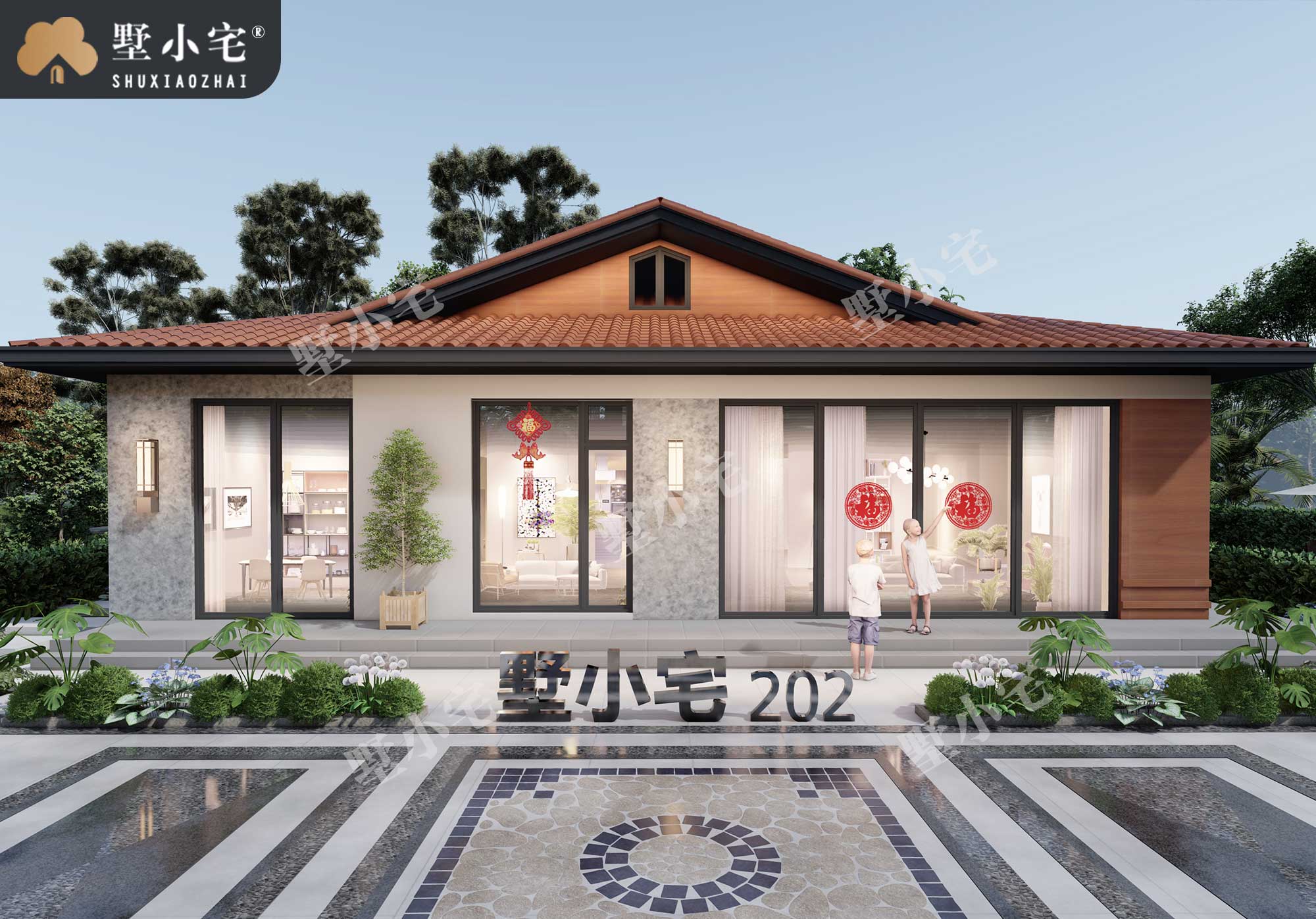 A1058新农村一层小平房款式图，新中式自建房别墅设计图，造价17万左右，16.4×12.5