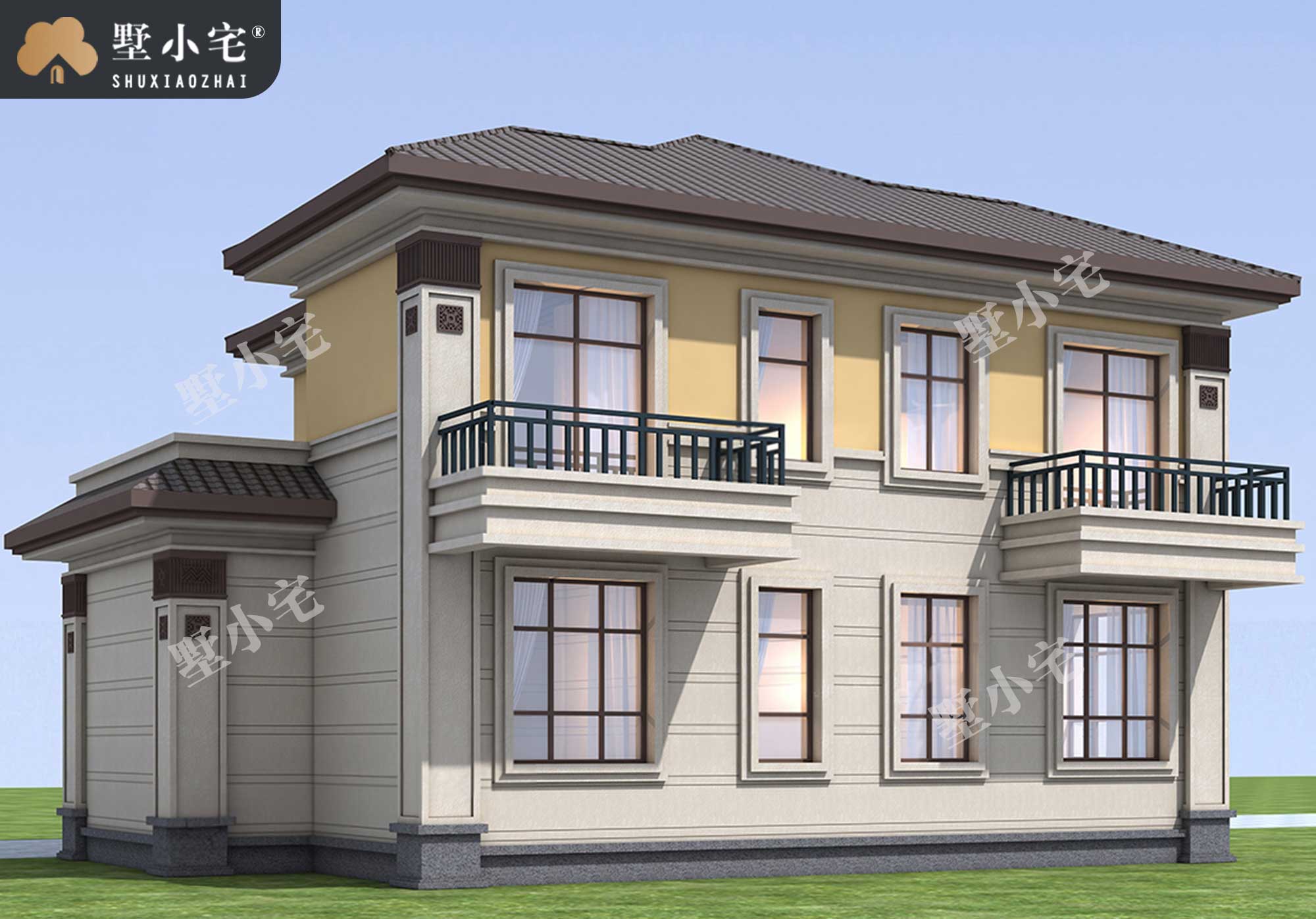 曾B1037农村二层新中式小别墅自建房屋设计图，复式挑空客厅，14.4×9.3