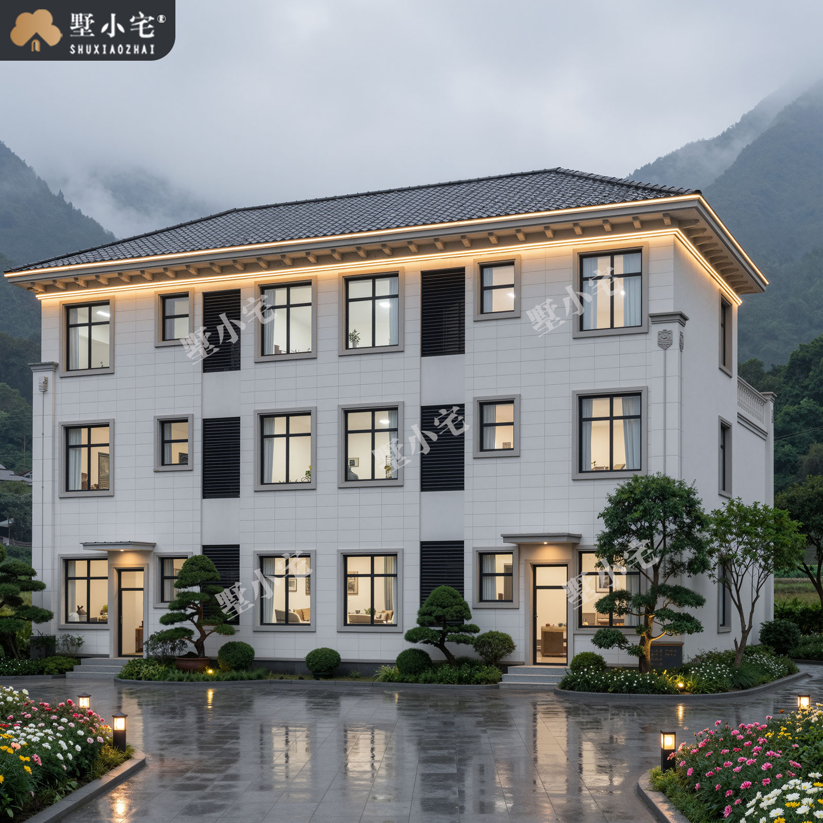 17.5x14米,C9214农村自建房双拼复式客厅三层欧式别墅外观设计全套施工图纸，回乡建房家族荣耀之选