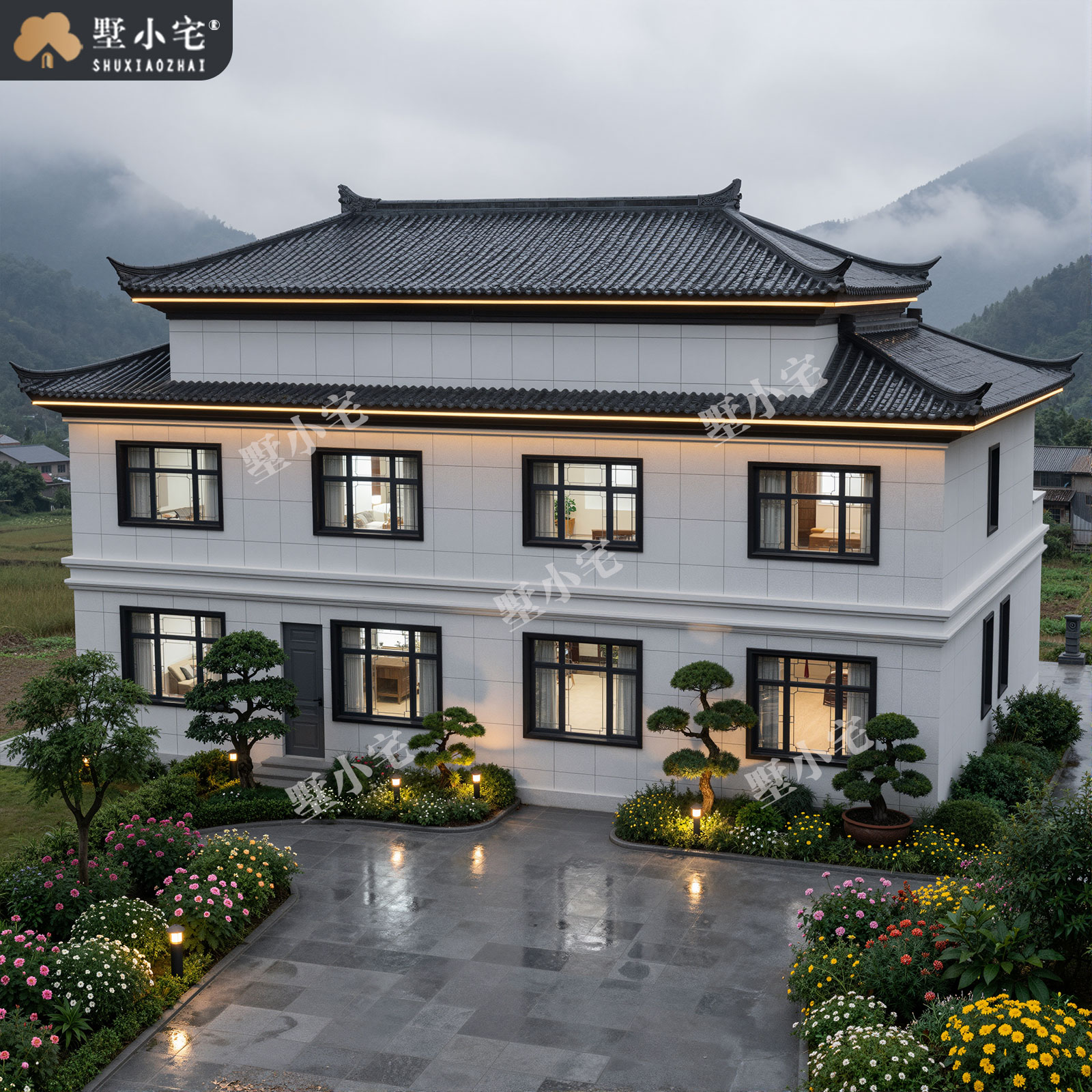 17.3x12.4米,B9215农村自建房旋转楼梯二层宋式别墅外观设计全套盖房施工图纸，回乡建房一步到位