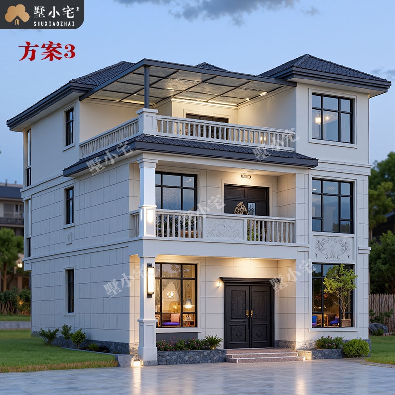 曾C929全套三层欧式农村房屋设计图纸，占地133平方米，带超大露台，11.1×12