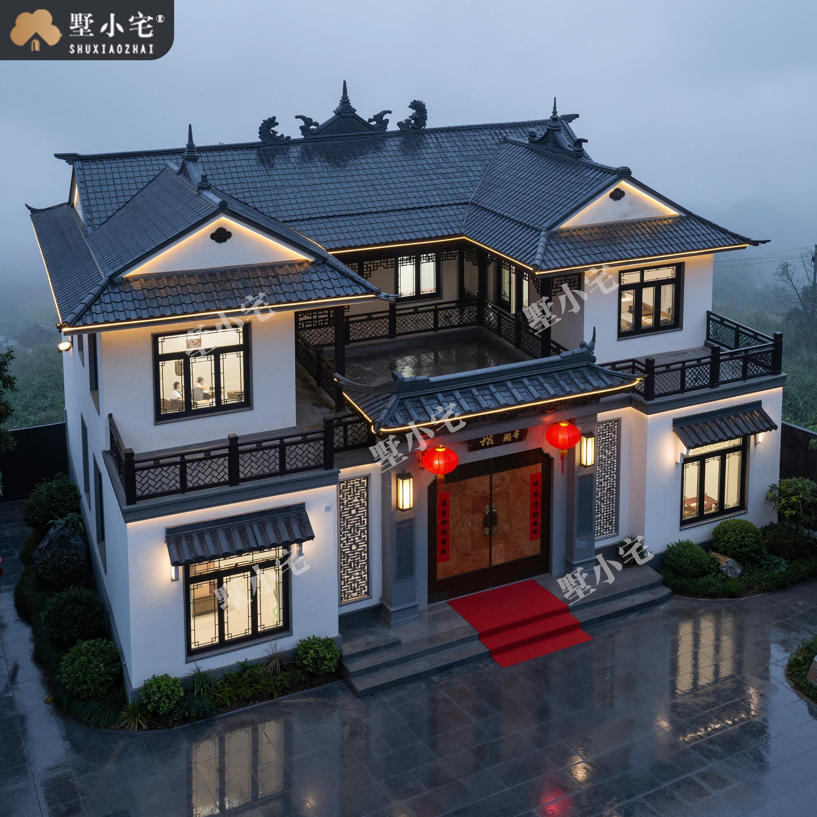 15.76x11.76米,B9168农村自建房对称户型二层中式合院别墅外观设计盖房施工图纸，回乡建房传世雅宅