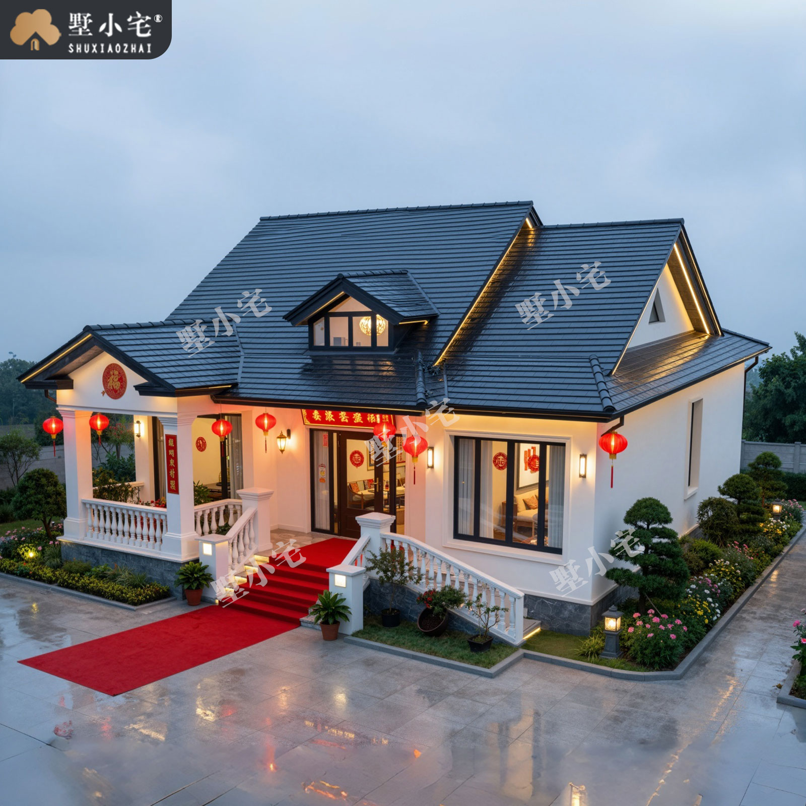 14.58x13.2米,A9212农村自建房一层新中式别墅外观效果图设计全套盖房施工图纸，回乡建房省钱又体面