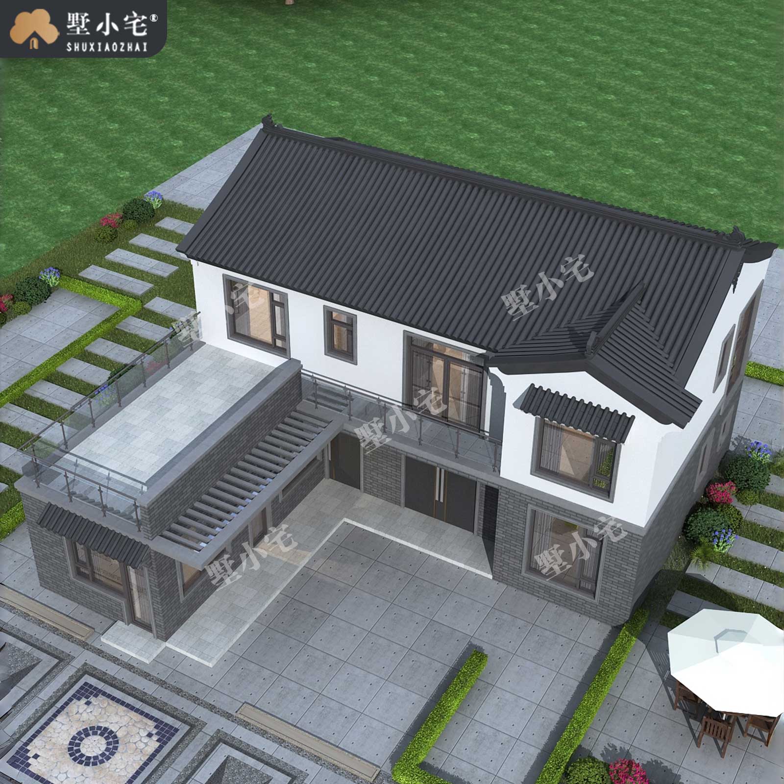 15x16米,B9047农村自建房七字户型带车库二层中式独栋别墅设计全套盖房图，回乡建房巧妙利用每一寸地