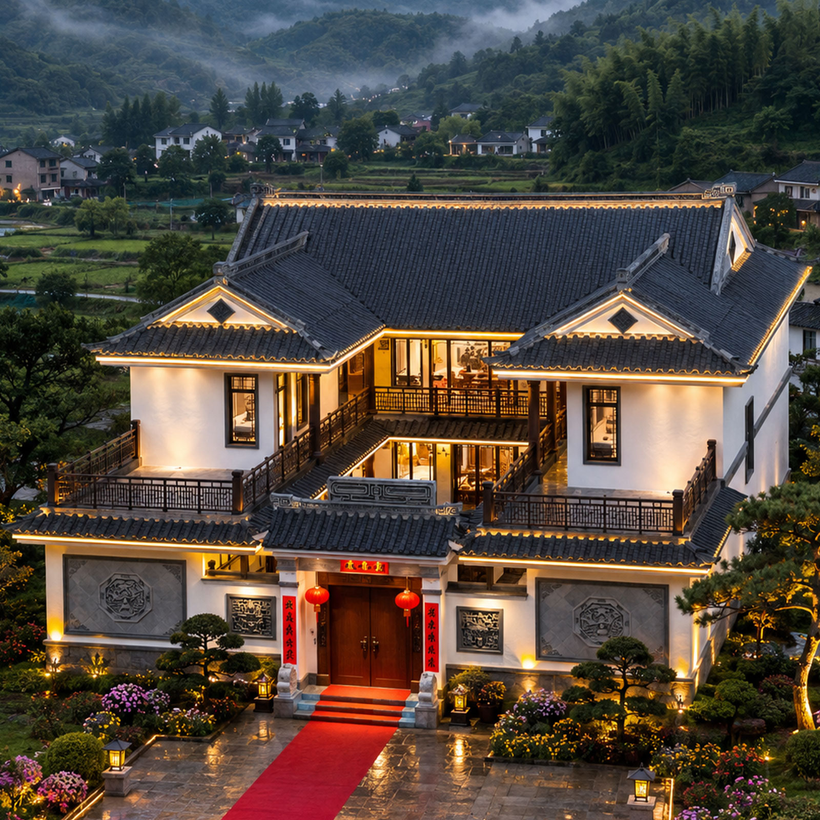15.76x19.76米,B9178农村自建房狭长地块二层中式合院别墅设计全套盖房施工图纸，回乡建房化劣势为优势