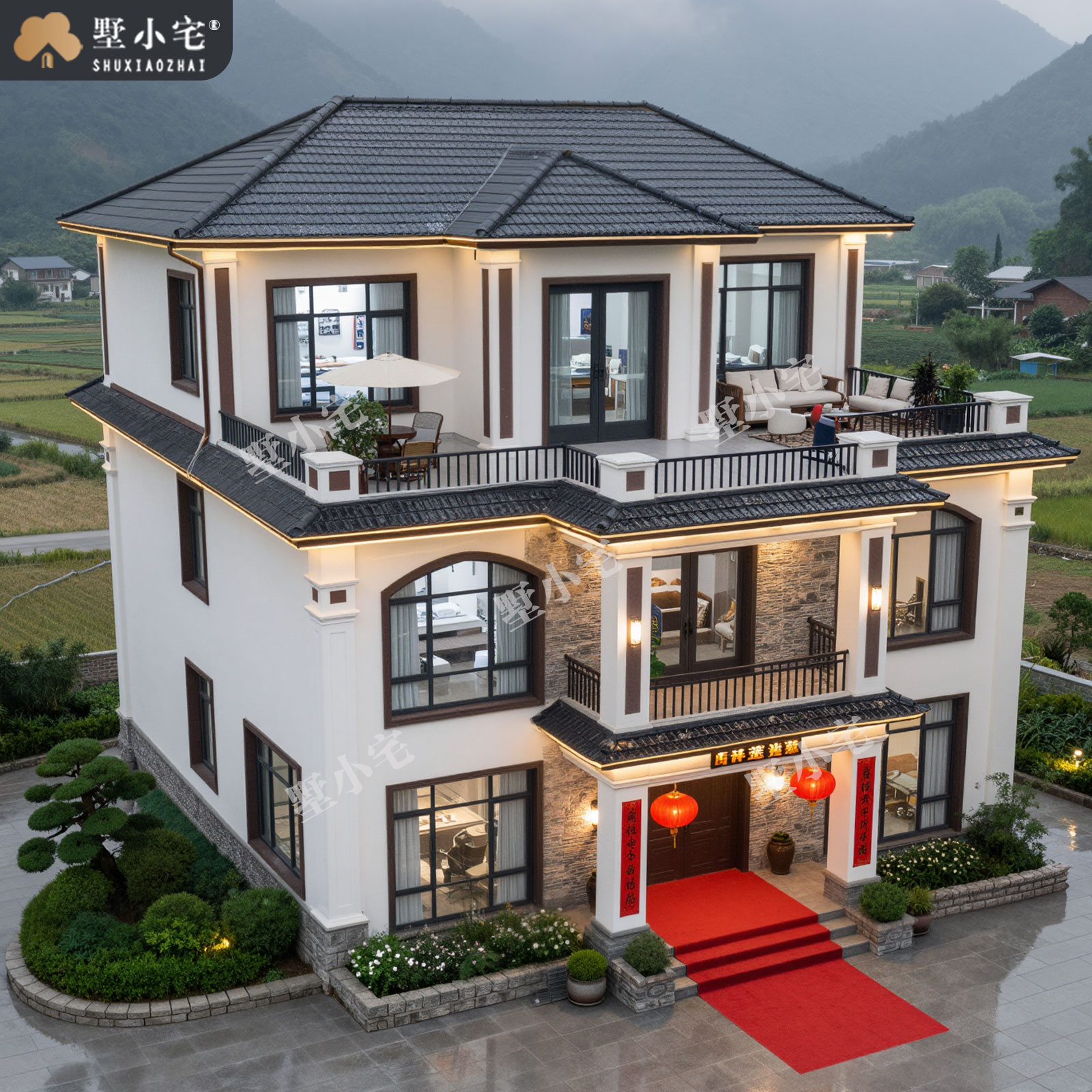 12x12.3米,C9222农村自建房带神龛三层新中式别墅外观设计全套建筑施工图纸，回乡建房一步到位回乡建房一步到位