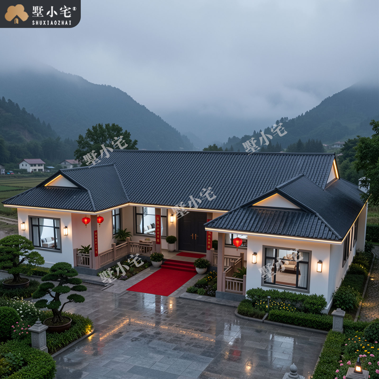 20.76x13.06米,A9232农村自建房小开间一层宋式别墅效果图设计全套盖房施工图纸，回乡养老的诗意之选。