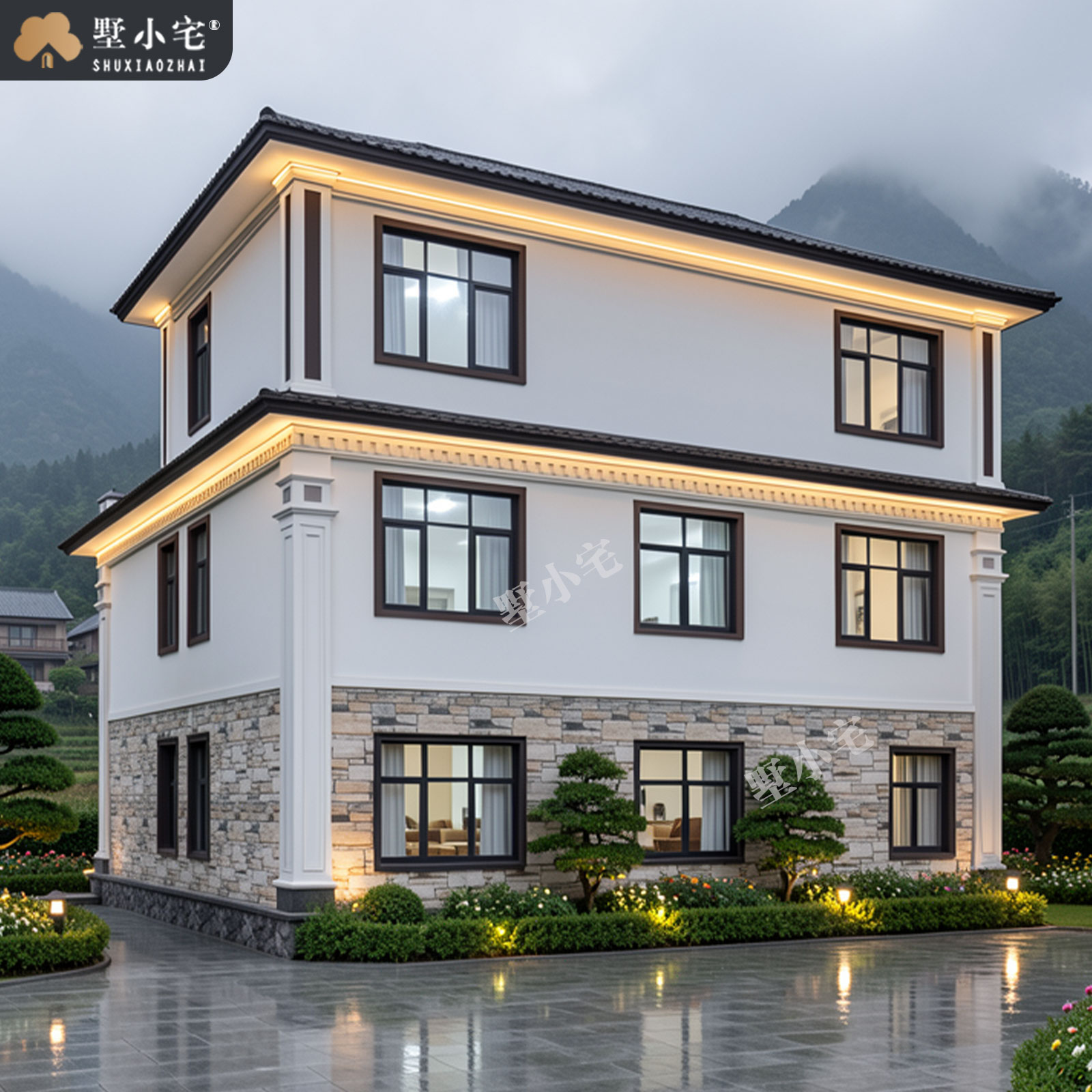 12x12.3米,C9222农村自建房带神龛三层新中式别墅外观设计全套建筑施工图纸，回乡建房一步到位回乡建房一步到位