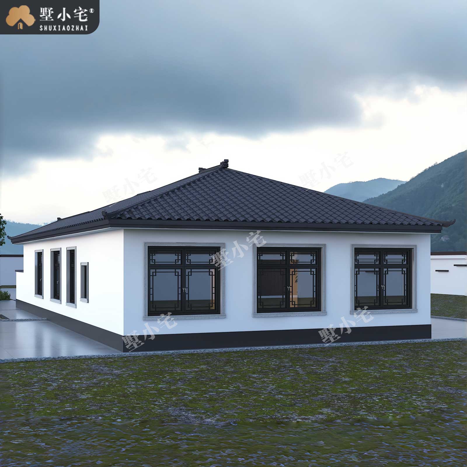 11x20.38米,A9060农村自建房七字户型一层中式别墅效果图设计全套盖房施工图，回乡建房养老首选