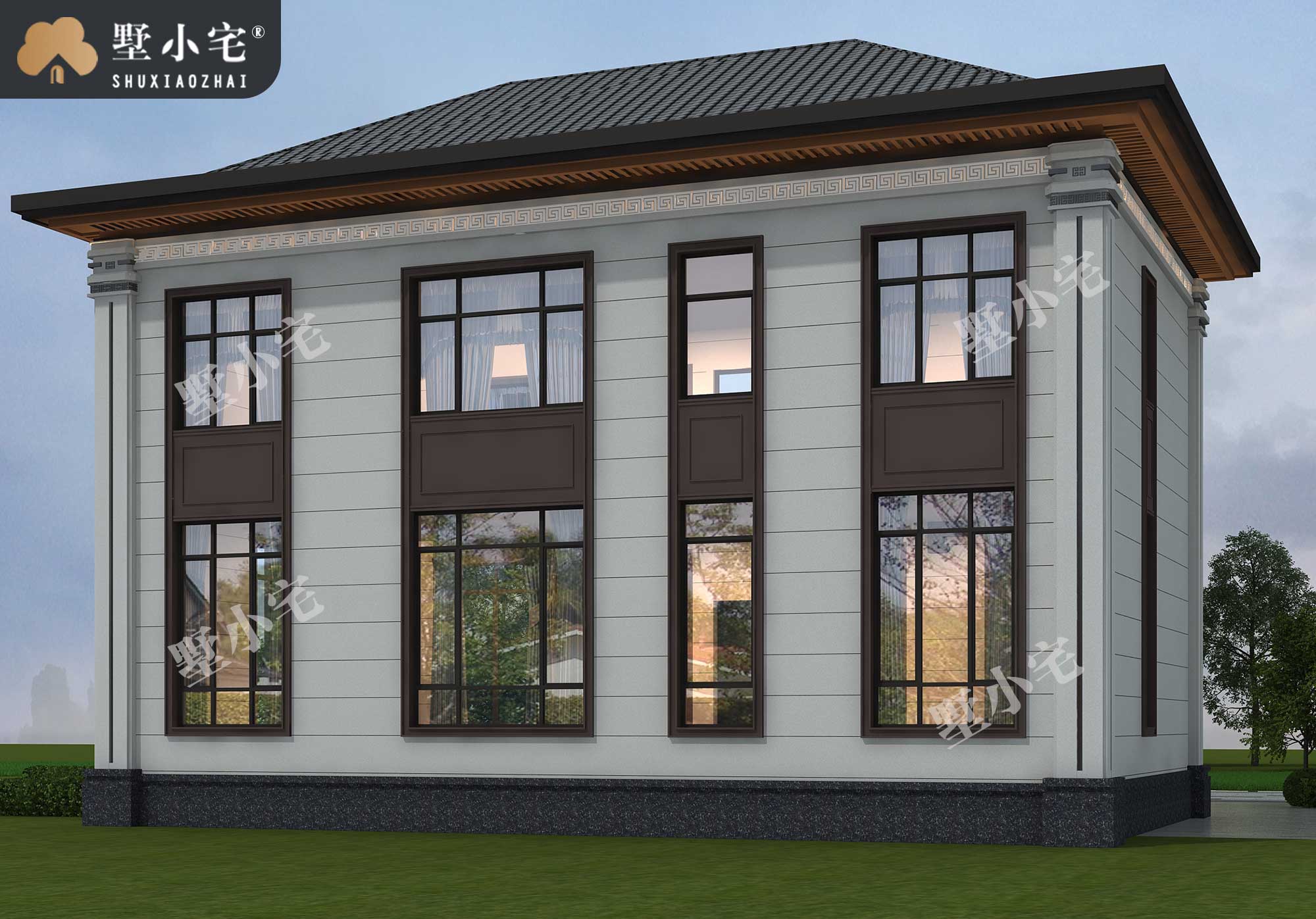 曾B1023二层新中式经典新农村小别墅设计建筑图纸，带小院，简约大气，16×14.9