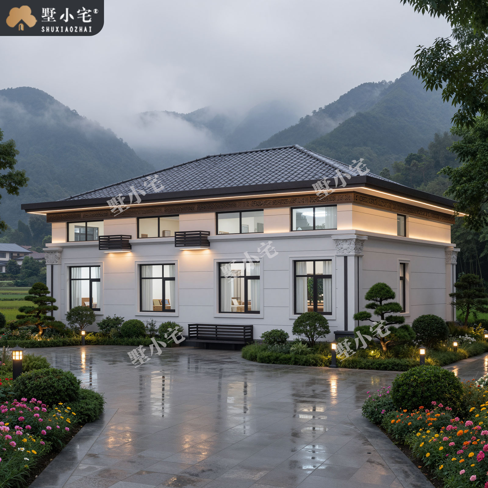 12.76x10.56米,B9209农村自建房三开间二层新中式别墅外观设计全套盖房施工图纸，回乡建房雅致传家