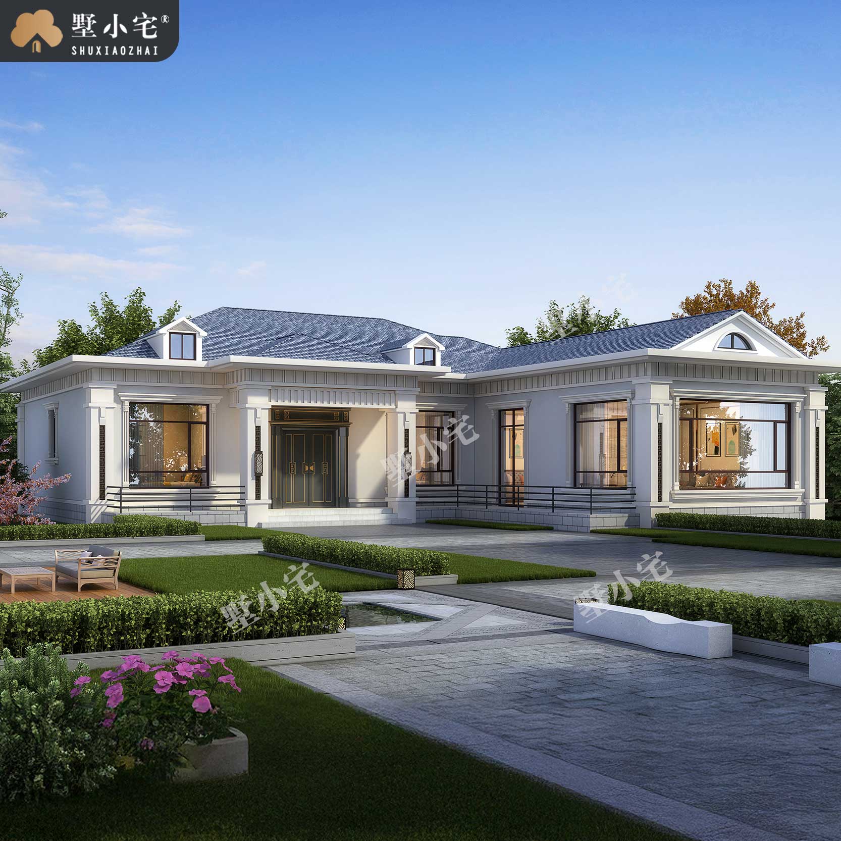 曾A994L型转角一层自建房屋效果图及全套设计施工图，造价24万左右，18×19.5