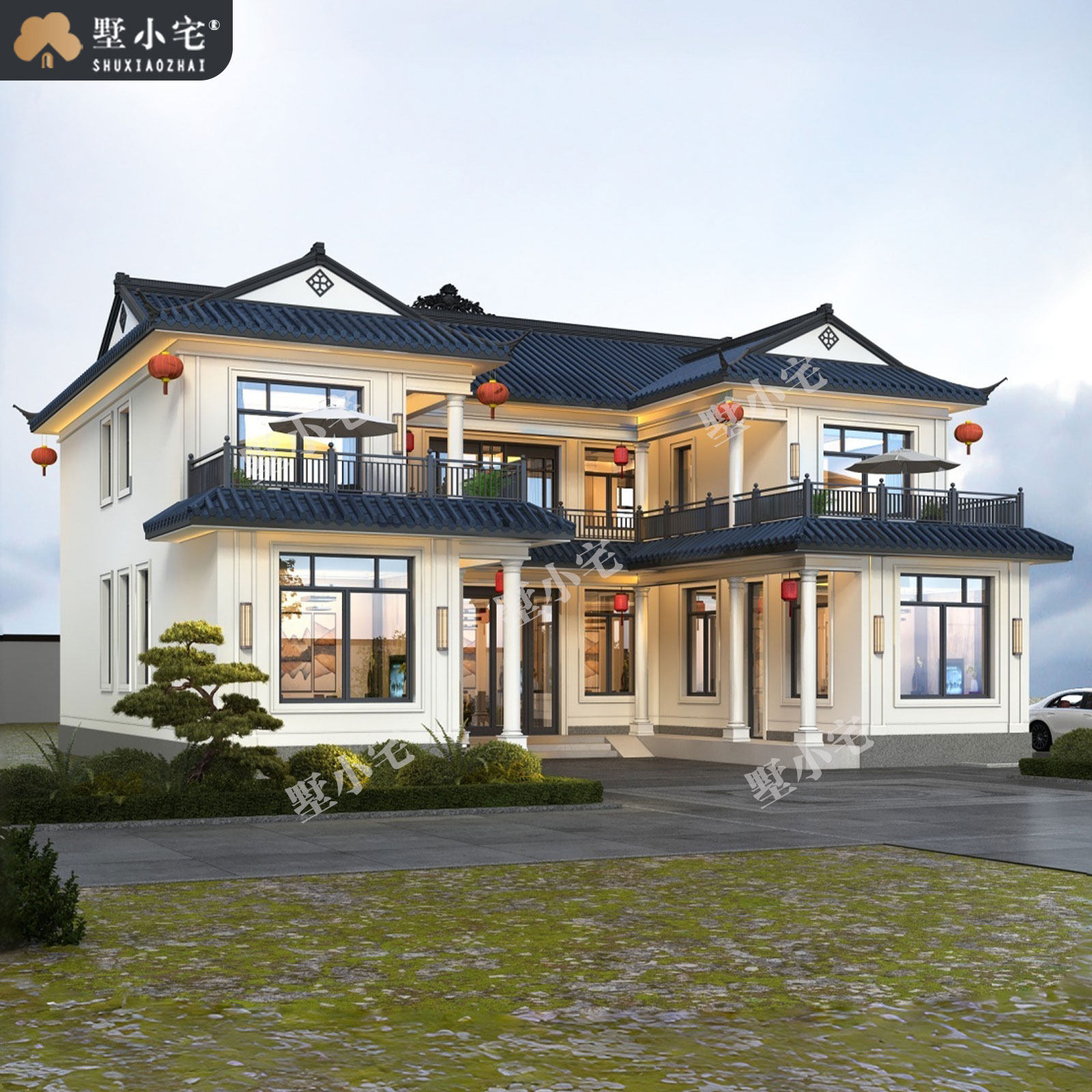 17x14.6米,B9245农村自建房带神龛二层合院别墅外观设计全套盖房施工图纸，回乡建房的理想之选。