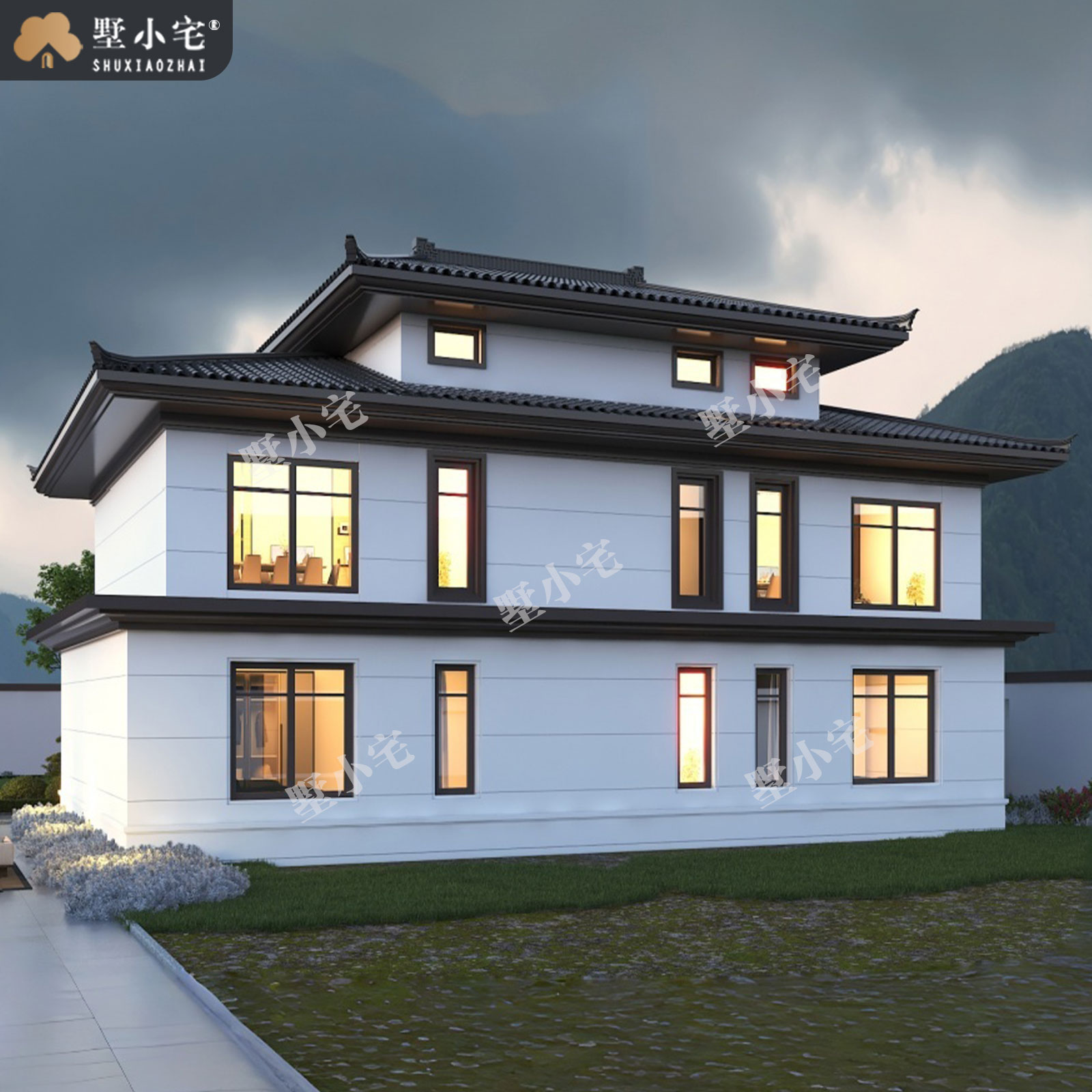 17.44x13.16米,B9240农村自建房二层宋式别墅效果图设计全套盖房施工图纸，回乡建房的品位之选。