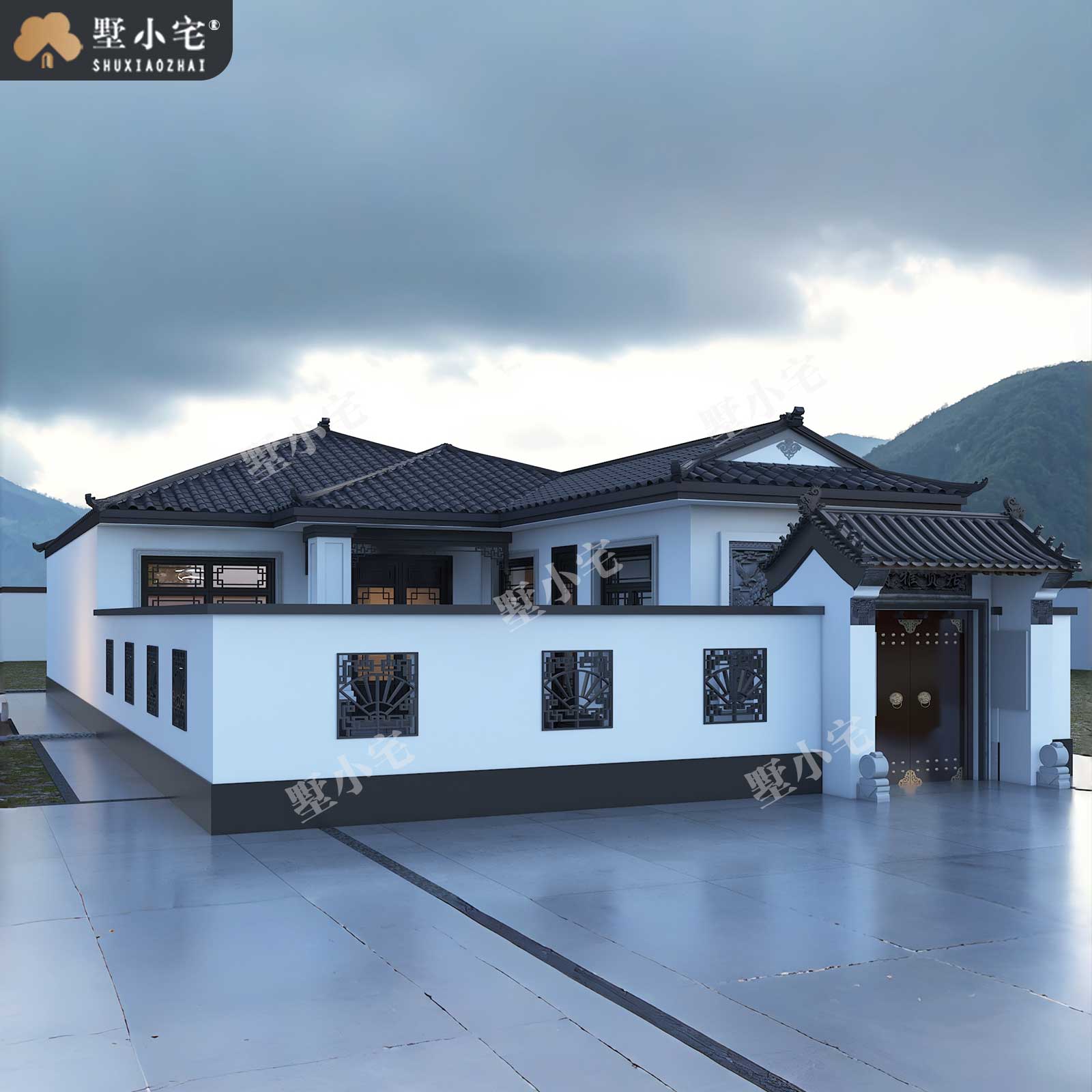 11x20.38米,A9060农村自建房七字户型一层中式别墅效果图设计全套盖房施工图，回乡建房养老首选