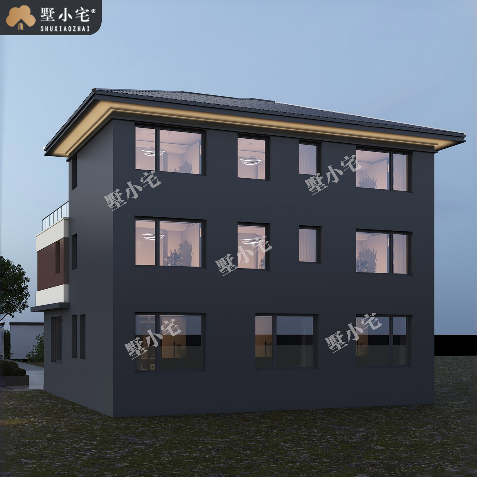 12x25米,C9123农村自建房带复式客厅三层现代风别墅设计全套盖房施工图纸，回乡建房一步到位