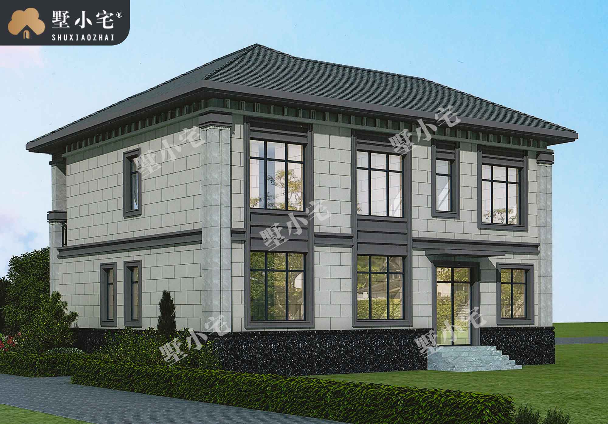 【二层新中式别墅效果图】B774新农村二层半自建房两层别墅设计图，有全套施工图