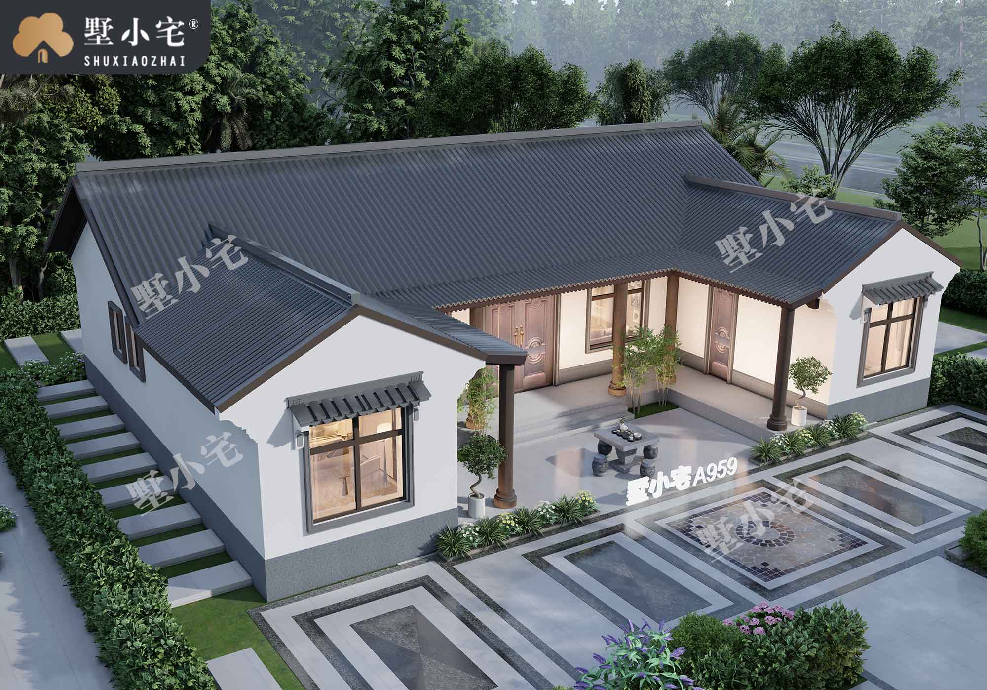 曾A959最美建筑农村一层中式合院别墅设计方案，户型经典实用，占地260平方米，19.6×14.5