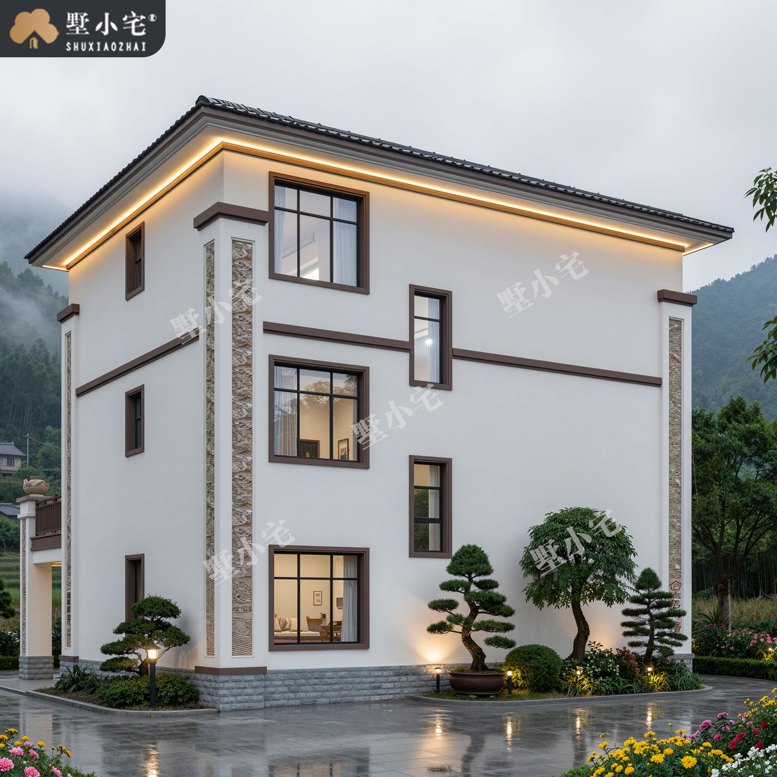 12.76x12.26米,C9203农村自建房三开间三层新中式别墅效果图设计全套盖房施工图，回乡建房一步到位
