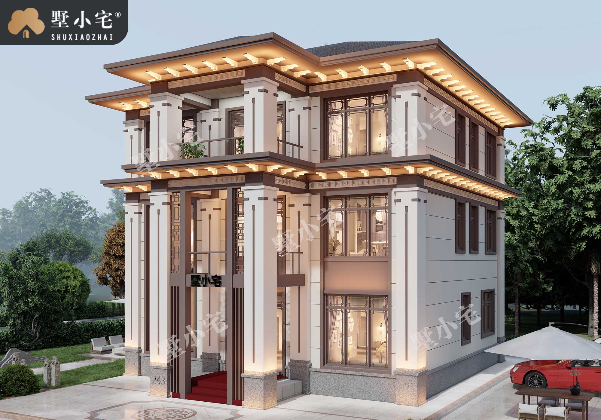 C1192新农村豪华自建楼房外观设计图，三层新中式别墅建筑施工图纸全套，带复式客厅，12.2×10.6