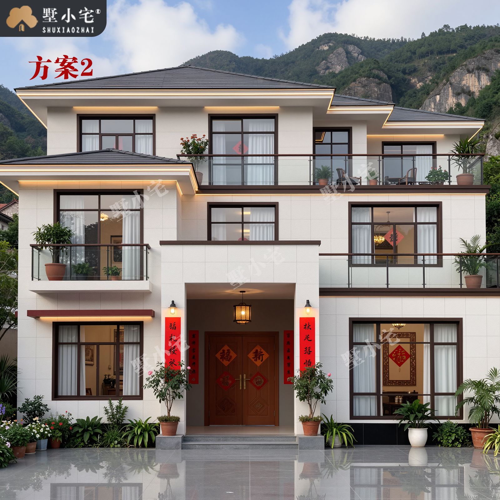 【农村三层现代别墅】C735两层半乡村自建房图片，超大露台个性设计