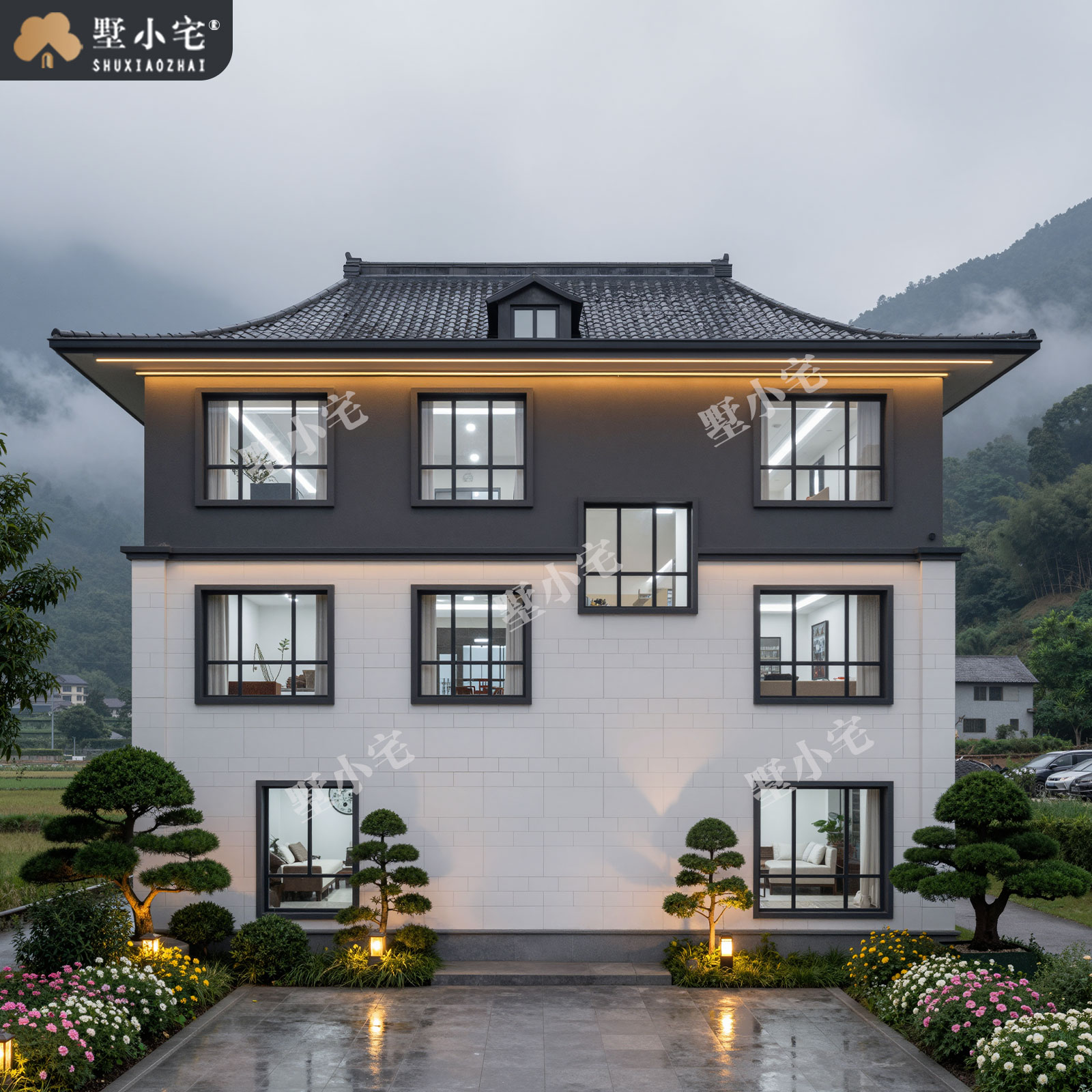 13.3x13米,C9218农村自建房带复式客厅三层宋式别墅效果图设计盖房施工图纸，回乡建房一步到位