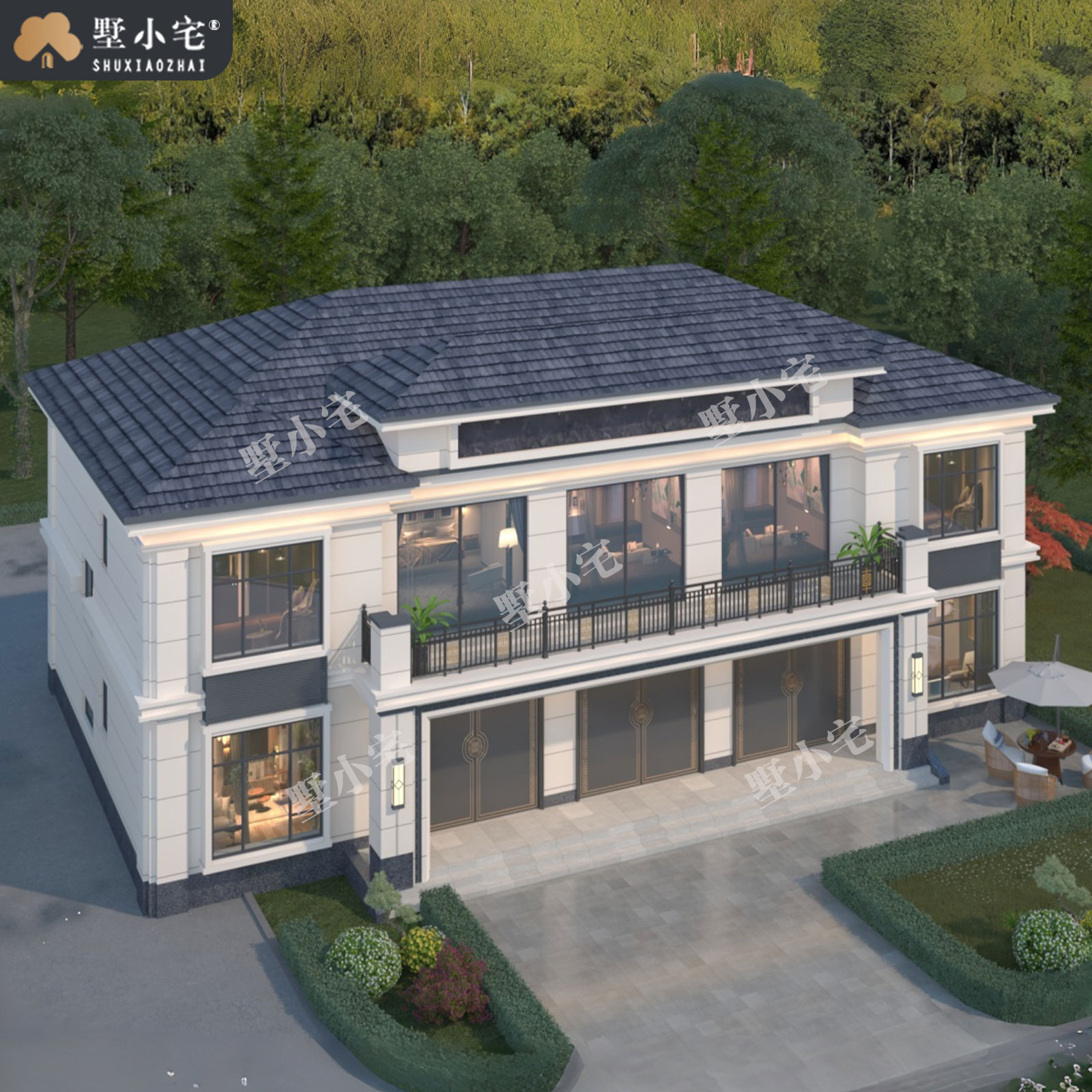 21.4x13.74米,B9247农村自建房五开间二层新中式别墅效果图设计盖房施工图纸，回乡建房的体面之选。