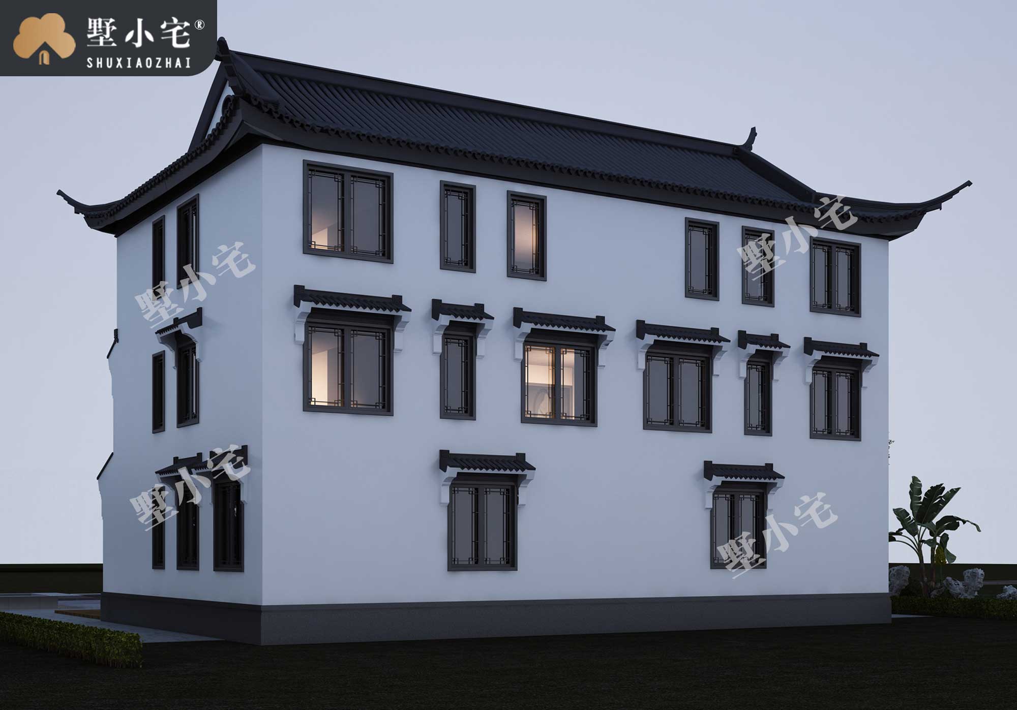 C1083中式农村兄弟合建三层双拼别墅全套设计图纸，古朴雅致代代相传，17.56×11.52