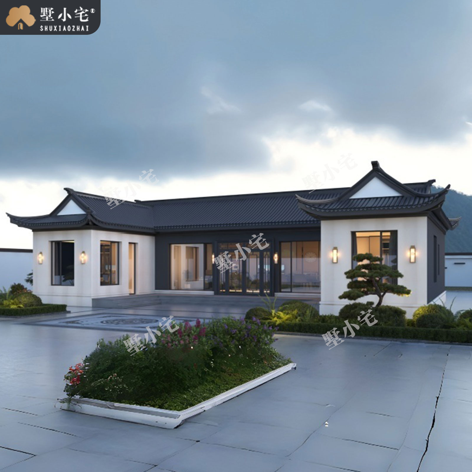 19.76x12.12米,A9190农村自建房对称户型一层中式三合院别墅设计全套盖房施工图，回乡建房传世雅宅
