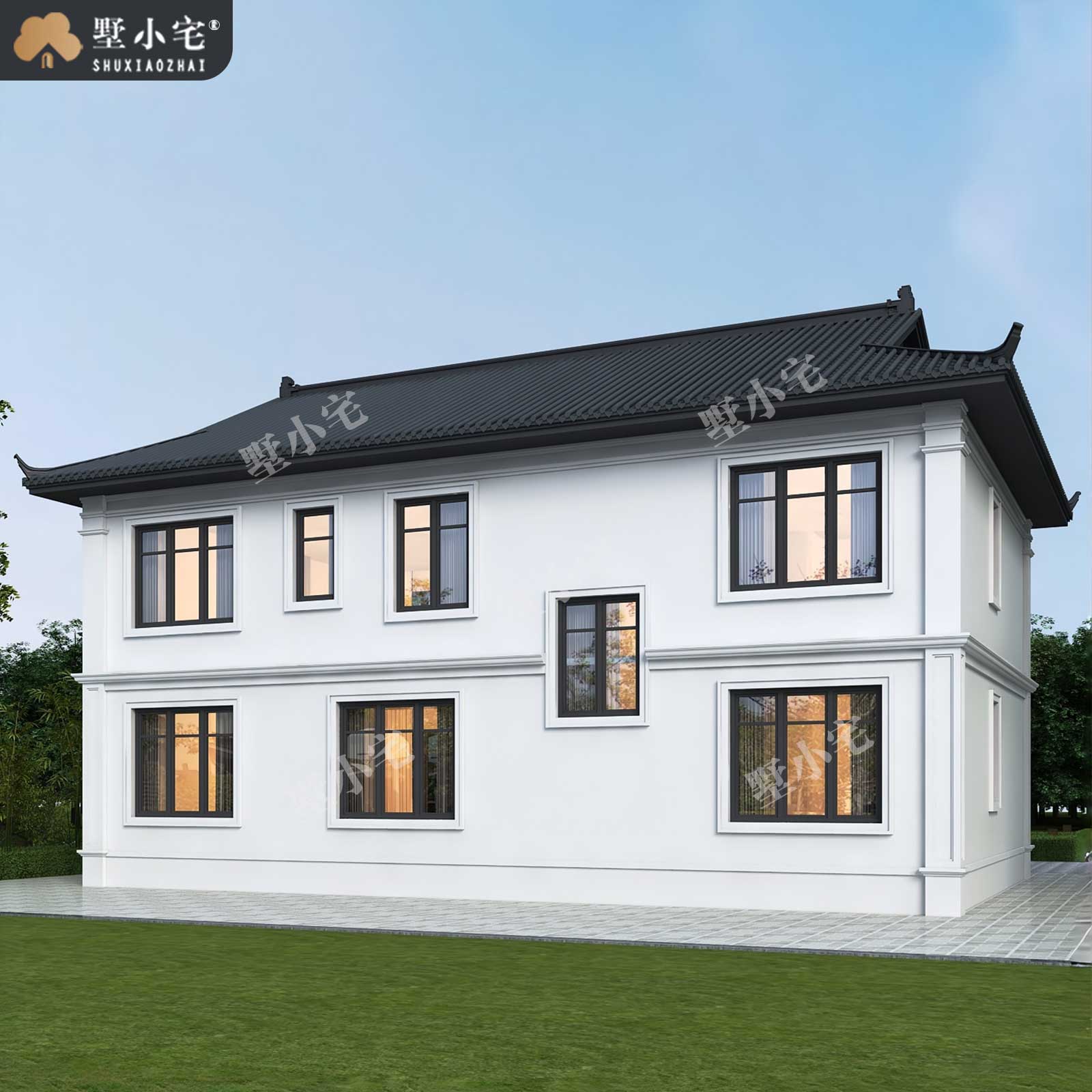 16.24x10.24米,B9048农村自建房五开间二层中式独栋别墅效果图设计全套盖房图纸，回乡建房传世之作