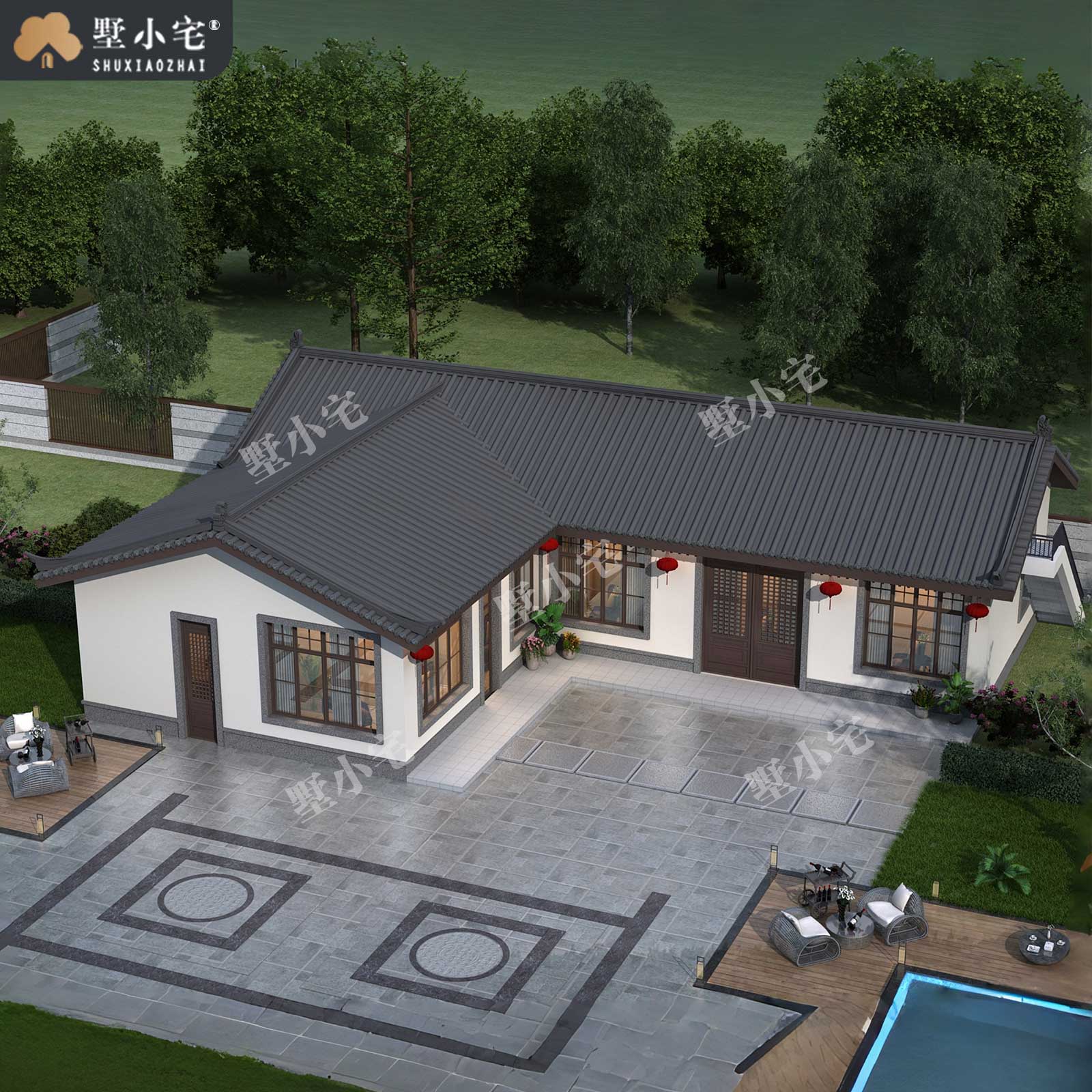 19.8x14.95米,A9059农村自建房七字户型带土灶一层中式别墅设计全套盖房施工图，回乡建房养老首选