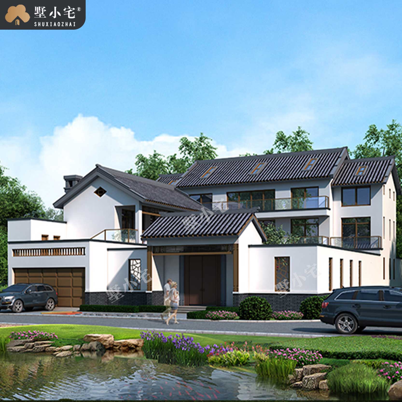 C885仿古建筑L型中式带庭院农村自建别墅设计图，带车库，三层四合院