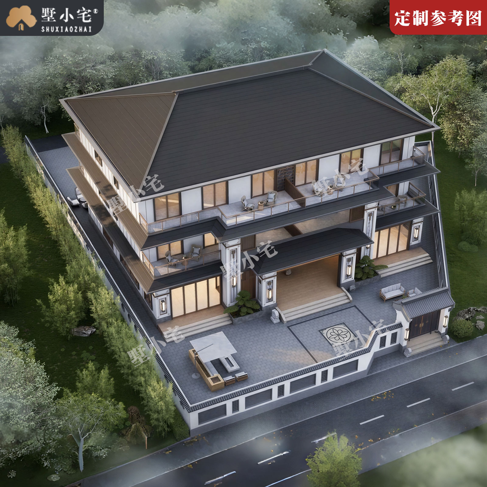 Ai374【定制参考图】农村自建房五开间三层宋式别墅效果图设计全套盖房施工图纸，回乡建房的品位之选。