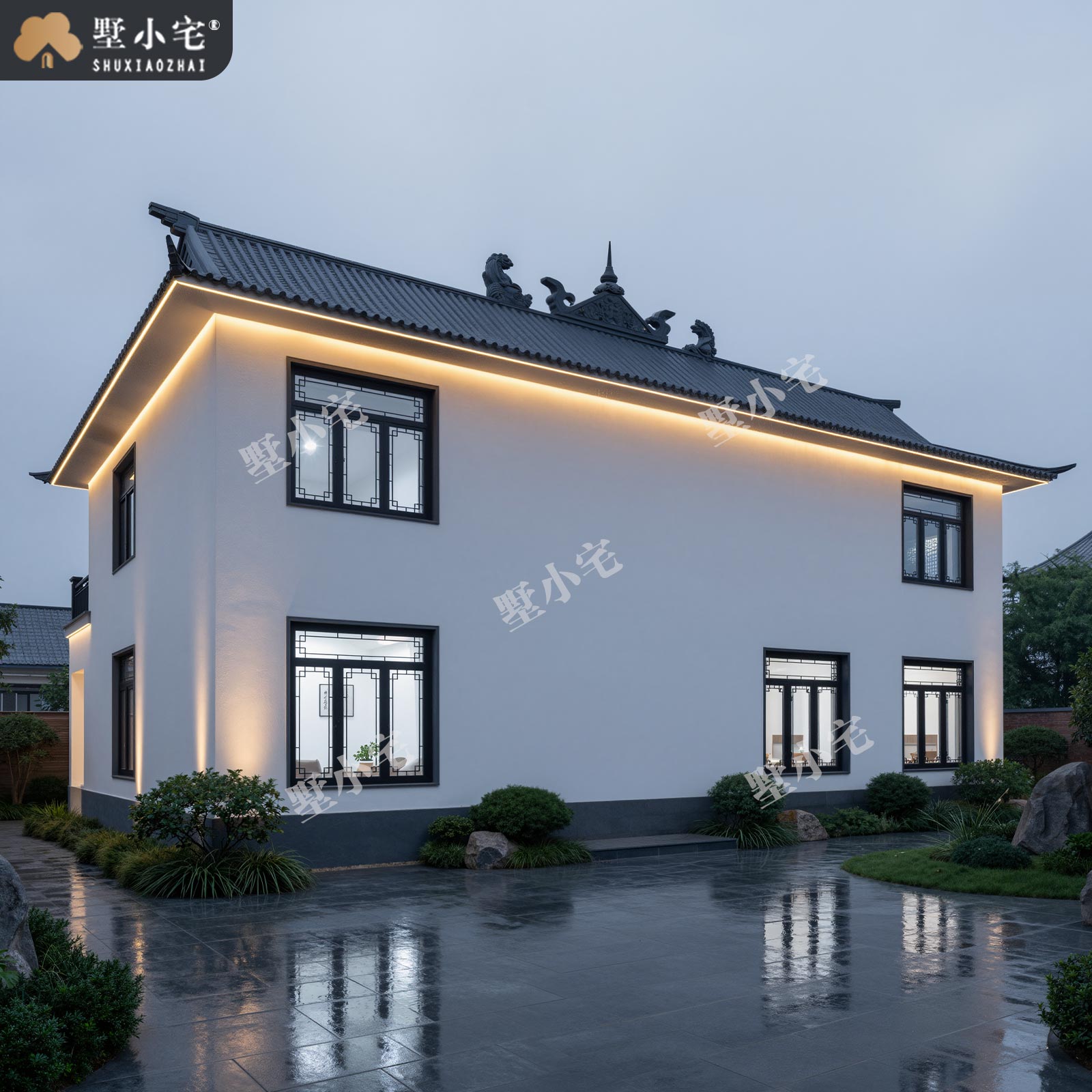 15.76x11.76米,B9168农村自建房对称户型二层中式合院别墅外观设计盖房施工图纸，回乡建房传世雅宅